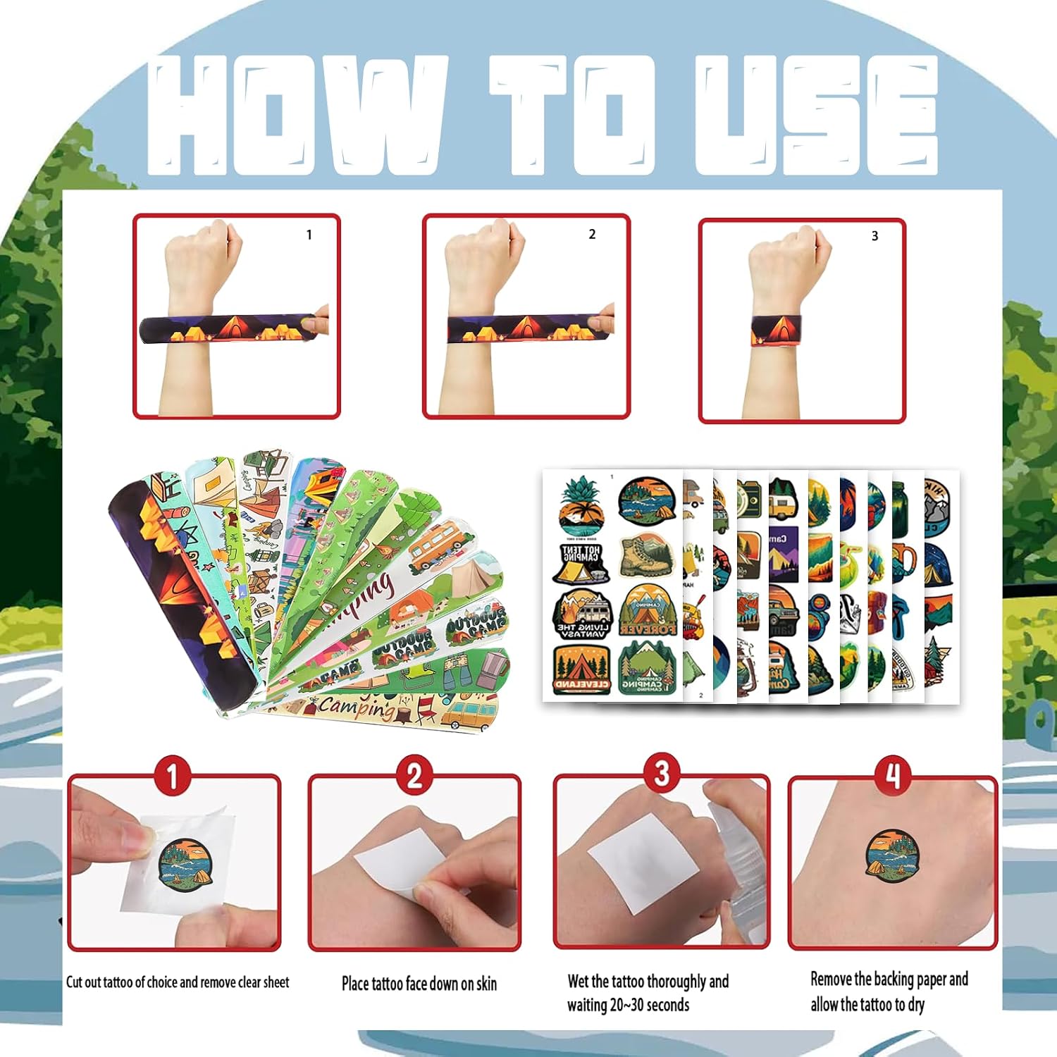 Camping Party Favors Set, 24 Camping Slap Bracelets & 75 Temporary Tattoos, Campfire Tent Forest Hiking Theme Wristbands & Tattoos for Camping Birthday, Trail Gathering, Outdoor Celebration Supplies