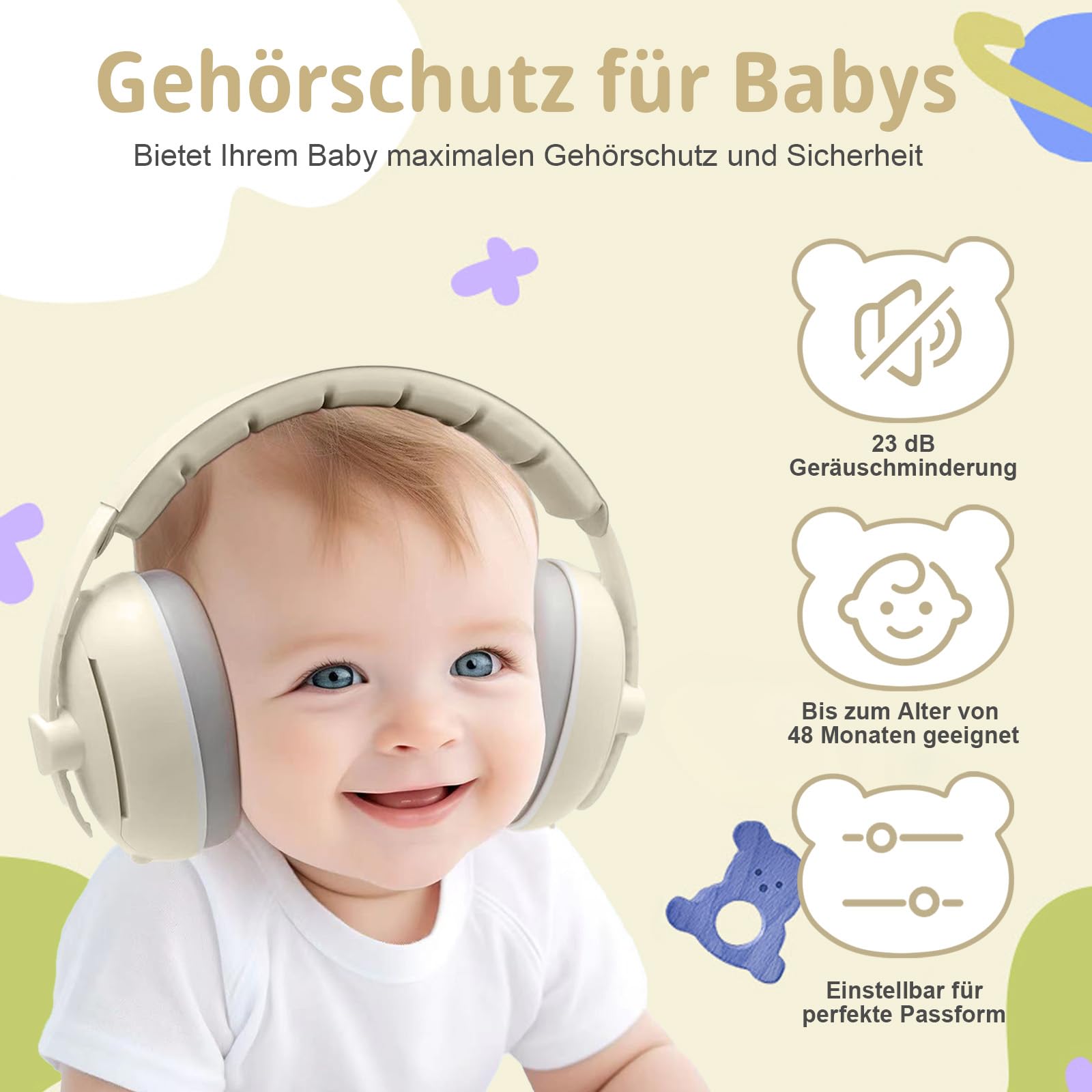 Robofun 2-in-1 Gehörschutz Baby Kopfhörer, Neugeboren Ohrenschützer mit Geräuschunterdrückung & Verstellbares Kopfband, Baby Kopfhörer Lärmschutz für Babys bis 48 Monate - Beige