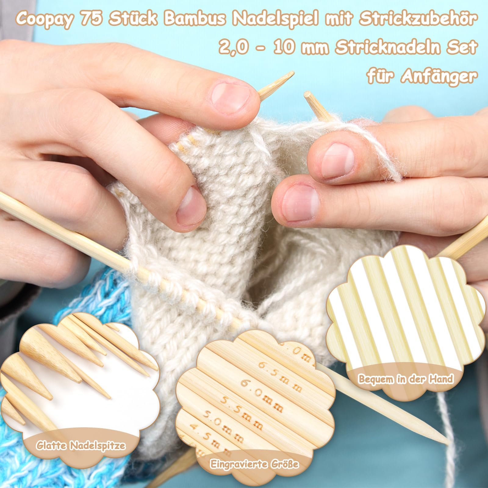 Prmape Lot De 75 Aiguilles à Tricoter En Bambou 20 Cm Double Pointe 2 à 10 Mm Avec Accessoires - Kit Complet Pour Débutants Et Experts