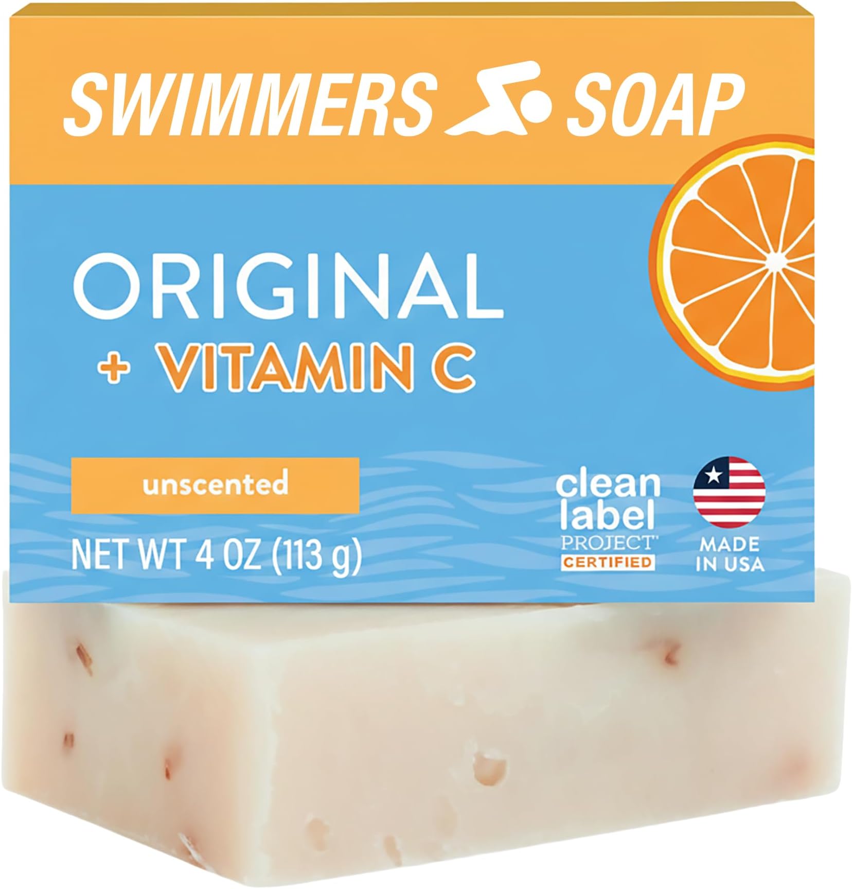 Swimmers Soap + Vitamin C | All Natural Body and Face Wash Soap Bar | Neutralizes and Washes Away Chlorine After Swimming | Revitalizes Sensitive Skin | Single 4 Ounce Soap Bar