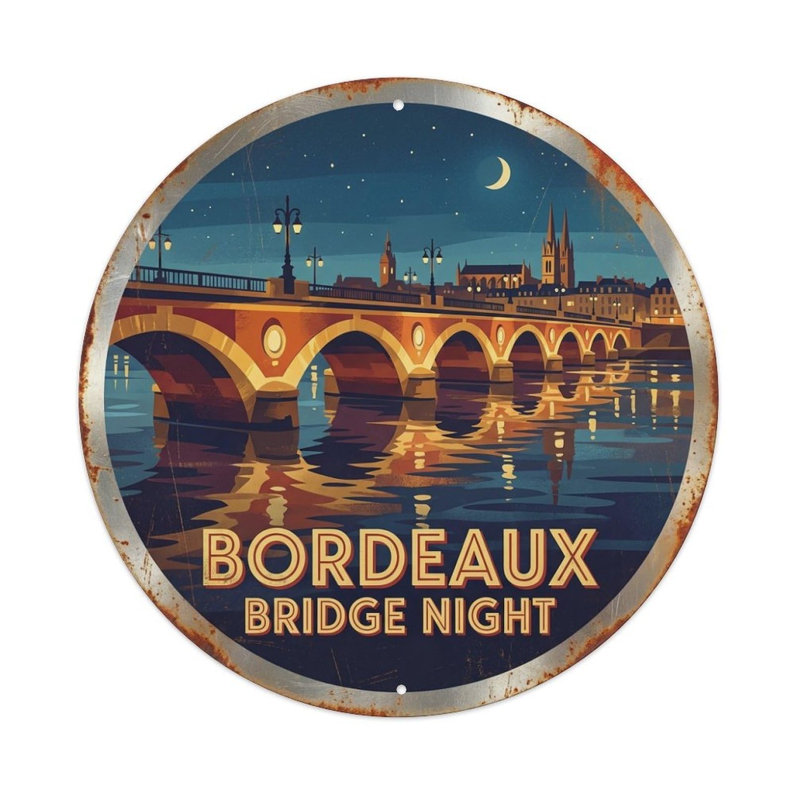 France Bordeaux Architecture Travel Bridge Night Metal Tin Sign