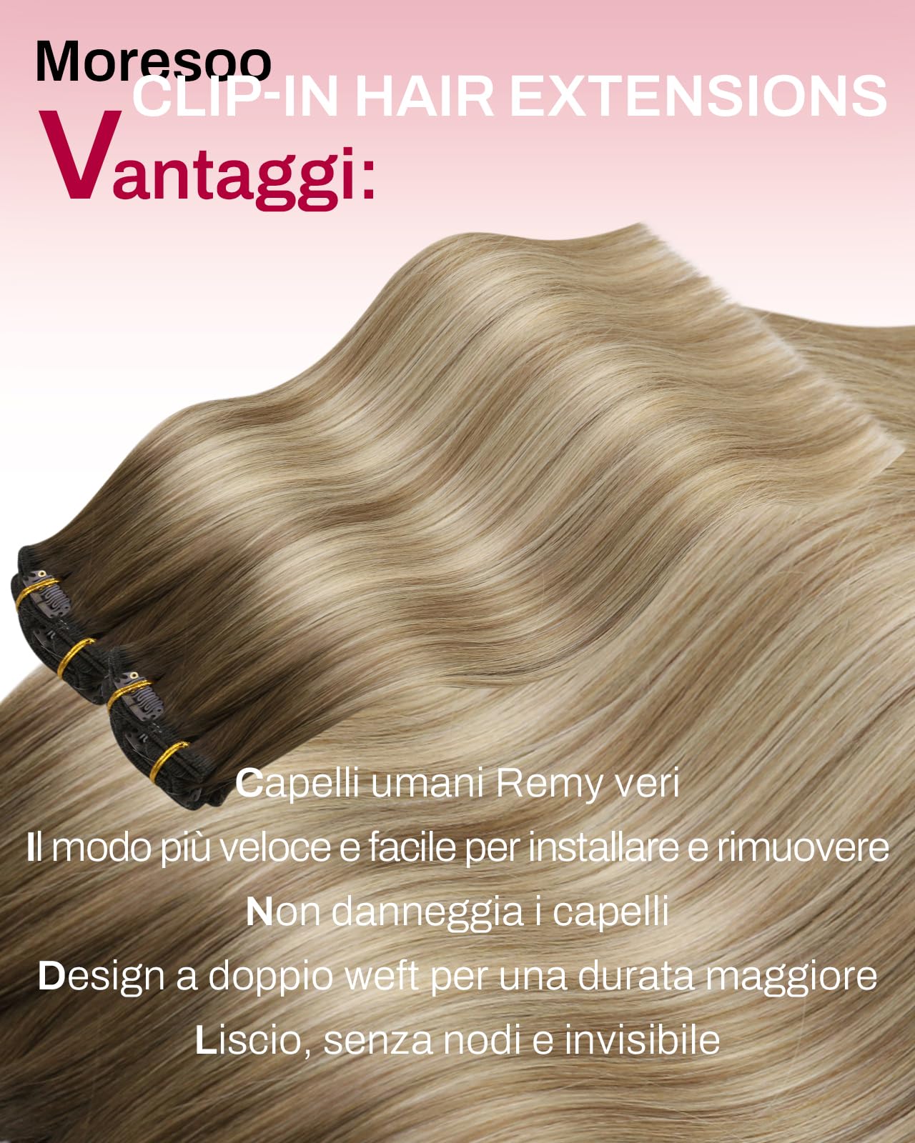 Moresoo Extension Capelli Veri Clip Balayage Remy Extension Clip Capelli Veri Lisci Marrone a Marrone Chiaro con Biondo Medio #3/8/22 45 cm 120g 7 Pezzi