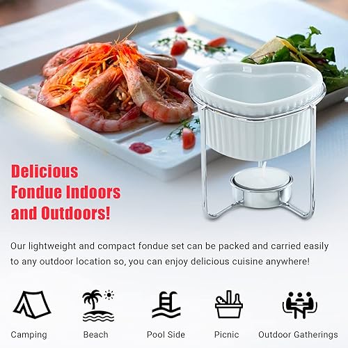 Miniatura 7 de Yumchikel Juego de fondue de 2 piezas, 4 onzas de cerámica en forma de corazón con tenedor para servir, soporte de acero y vela de té, juego de