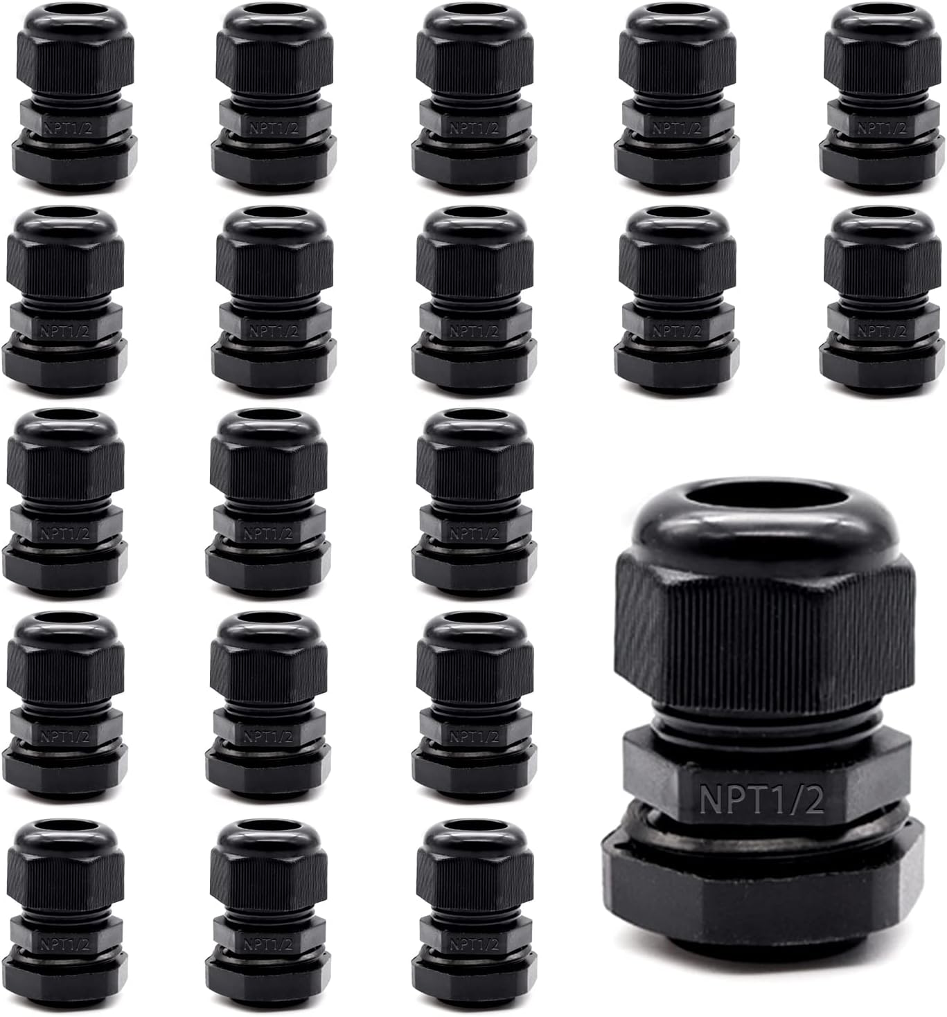 20 PCS Nylon Cable Glands 1/2" NPT,Waterproof Adjustable Diameter 6-12mm Cable Connectors,Plastic Cable Gland Joints with Gaskets 1/2 NPT-BK