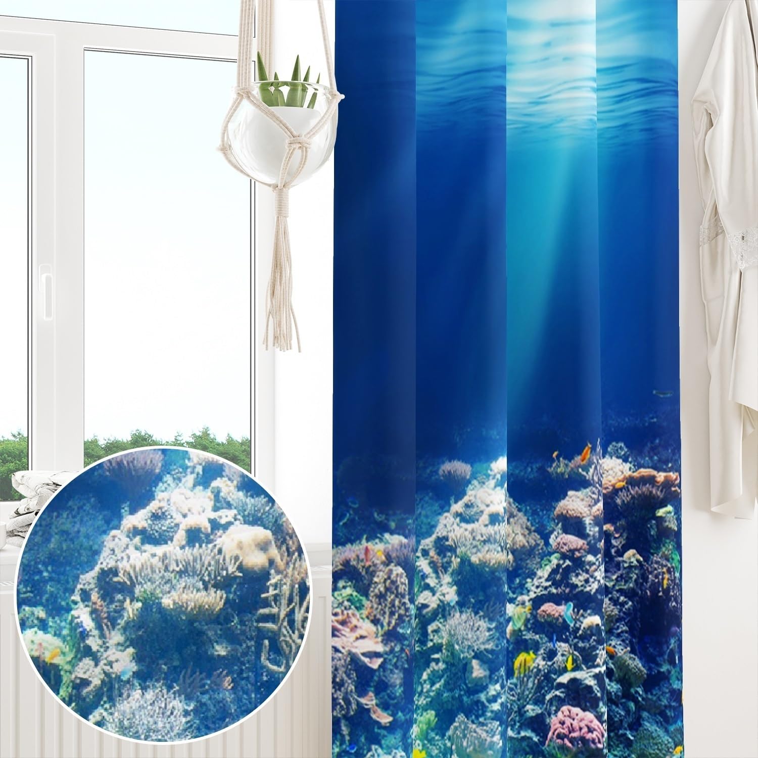 132x214cm Rideau à œillets Océan Mer Bleue Monde sous-Marin Coraux Paysages naturels Thème Nautique Séparateurs de pièces Occultants Rideaux pour fenêtres Chambre Salon,1 Panneau Simple