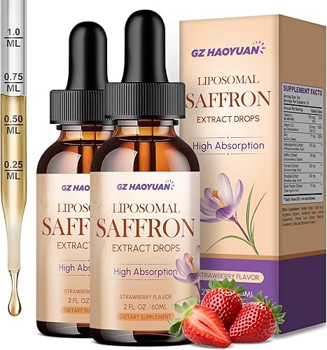 Miniatura 9 de Suplementos liposomales de azafrán, 89 mg de extracto de azafrán en gotas líquidas con Ashwagandha, cúrcuma, vitamina A y D3 para antioxidante,