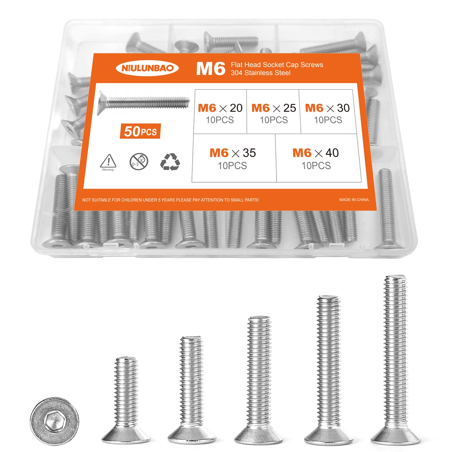 NIULUNBAO M6 x 20mm 25mm 30mm 35mm 40mm Flat Head Socket Cap Screws Countersunk Bolts, 304 Stainless Steel, Metric Fully Threaded, Allen Socket Drive,