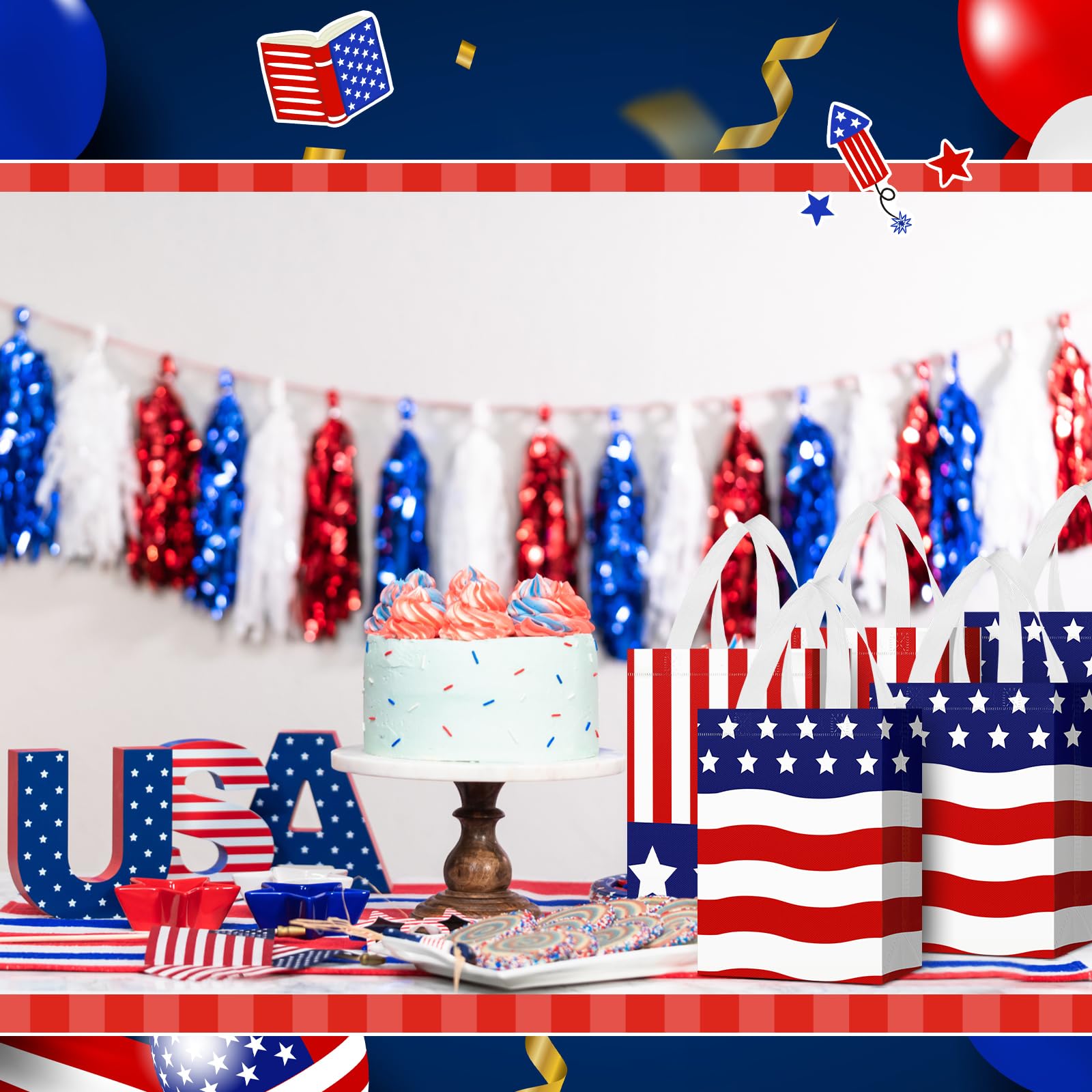 Locmeo 24 Pcs 4th of July Patriotic Party Favor Bags with Handles Reusable Non Woven American Flag Goodie Bags Independence Day Gift Bag for Girl Boy Birthday Memorial Party Supplies, 8 x 4 x 10 Inch