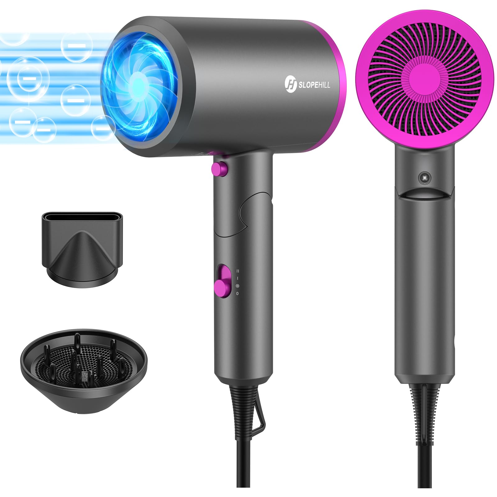 Asciugacapelli Slopehill, phon capelli professionale 1800W per Asciugatura Rapida, Tecnologia a Ioni, Pulsante Caldo/Freddo, 1 Diffusore 1 Concentratori, 3 Impostazioni Di Temperatura (Grigio)