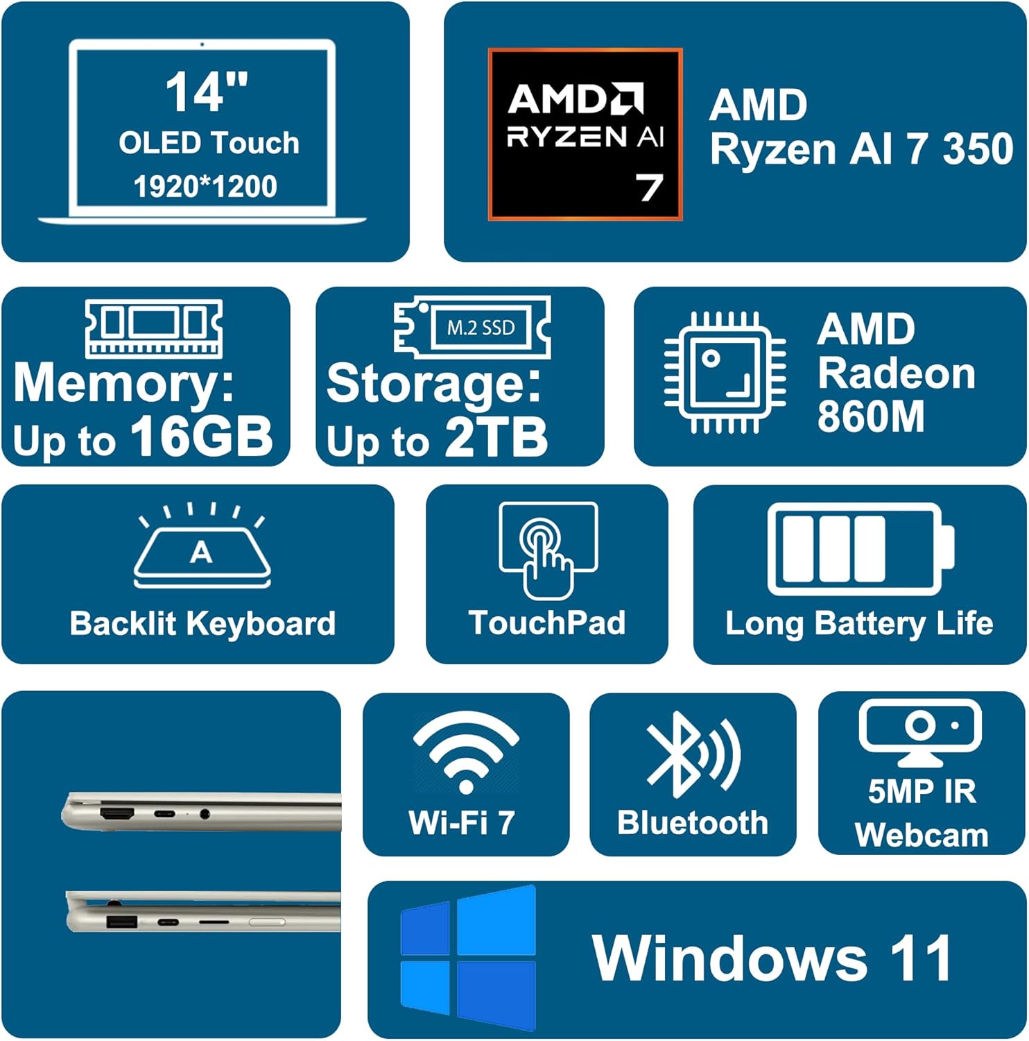 Lenovo Yoga 7 2-in-1 Laptop 14" WUXGA OLED Touch (100% DCI-P3, 600nits HDR) AMD 8-core Ryzen AI 7 350 (Up to 50 Tops) 16GB RAM 1TB SSD for Creator Business Professional Win11 ICP Hub