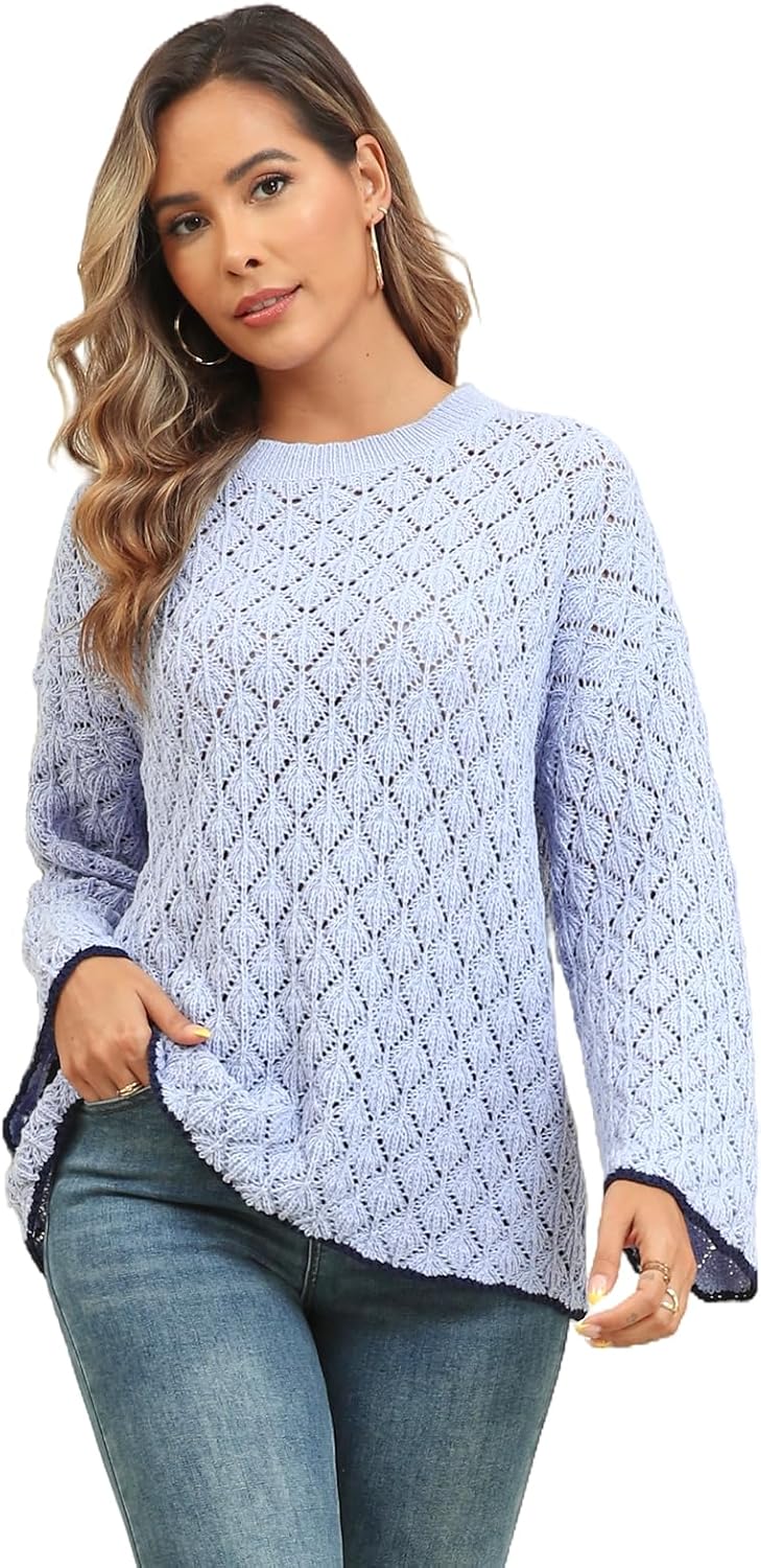 Womens Fall Sweaters 2025 Casual Long Sleeve Knit Crewneck Hollow Out Lightweight Soft Pullover Sweater Tops