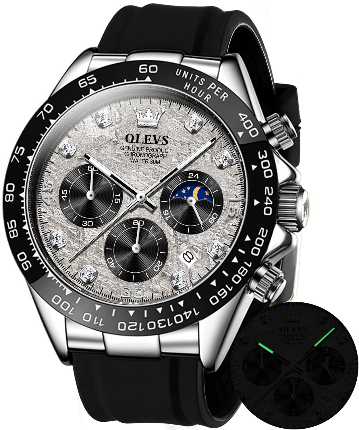 Watches for Men Analog Quartz Chronograph Watch Moon Phase Waterproof Black Silicone Diamond Dress Luminous Easy Reader Wrist Watches-image-6