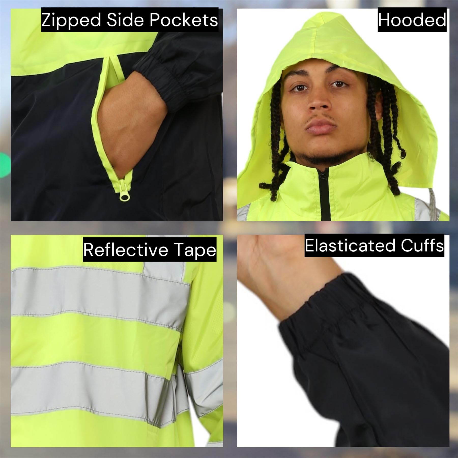 Męska wodoodporna kurtka Hi Vis, klasyczna odblaskowa kurtka przeciwdeszczowa z kapturem, odzież robocza Hi Vis - poliester na co dzień kontrastowe kolory lekkie wodoodporne kurtki męskie