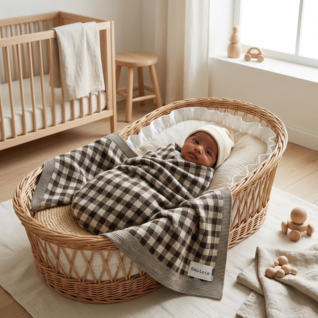 Lussuosa coperta per neonati lavorata a maglia, 100% morbido cotone fine, utilizzabile come fasciatura per culla e passeggino, unisex, neutra, per neonati e ragazze (plaid - moka)