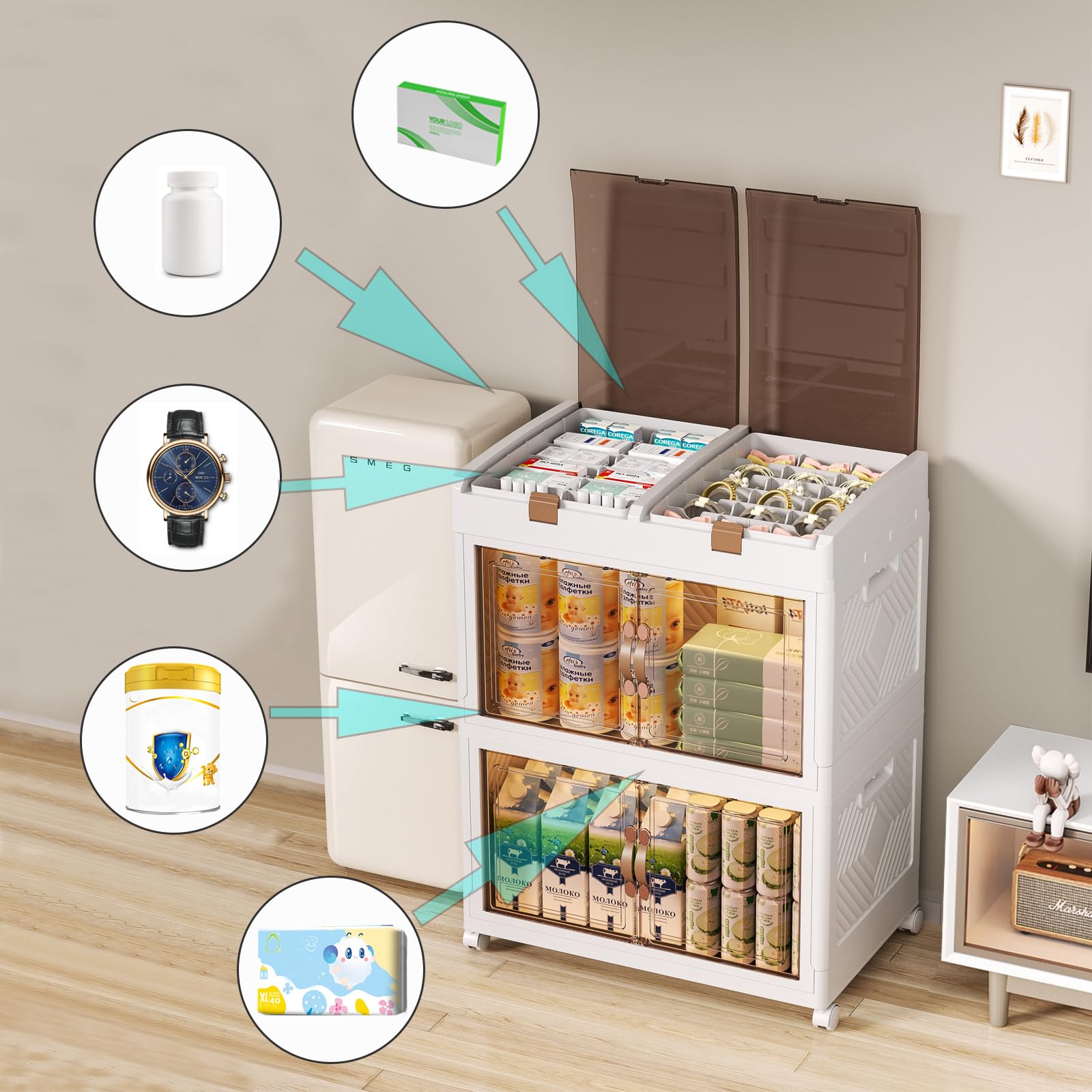 Aufbewahrungsbox aus Kunststoff mit Deckel, 72 l, zusammenklappbar, stapelbare Aufbewahrungseinheit mit Rollen, Aufbewahrungswürfel mit Tür zum Öffnen für Küche, Bad, Innen- und Außenbereich (TL55-2)