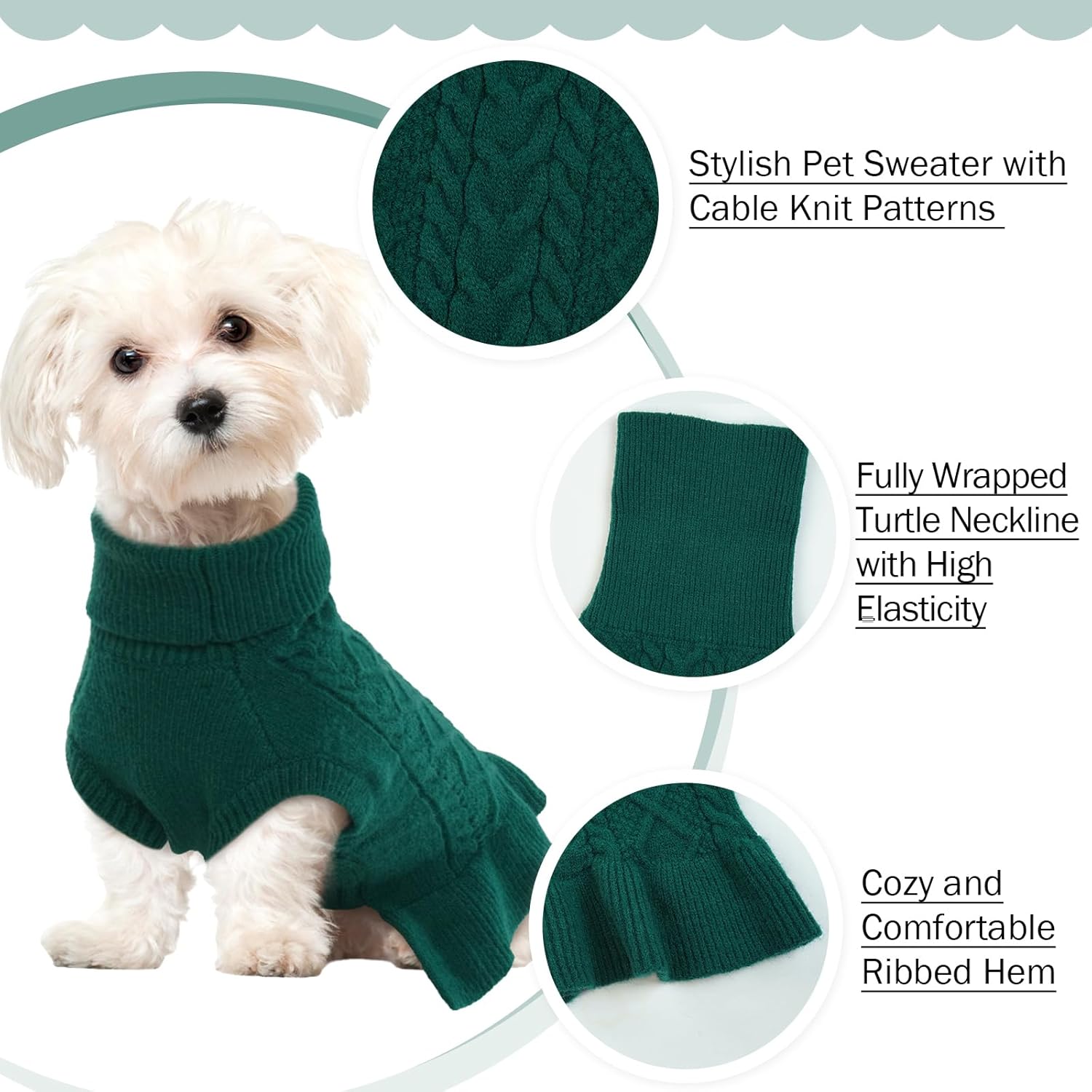 QBLEEV Puppy Sweaters - Green Pet Sweater Dress with Turtleneck - Small Dog Winter Warmth for Girls & Boys - Christmas