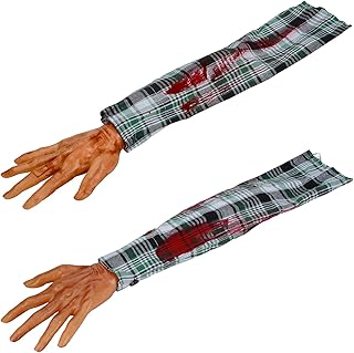 XONOR Halloween Fake Severed Arm Plastic Hands Bloody Human Body Parts for Haunted House Vampire Zombie Halloween Party Decorations, 2Pcs Plaid (Left and Right)