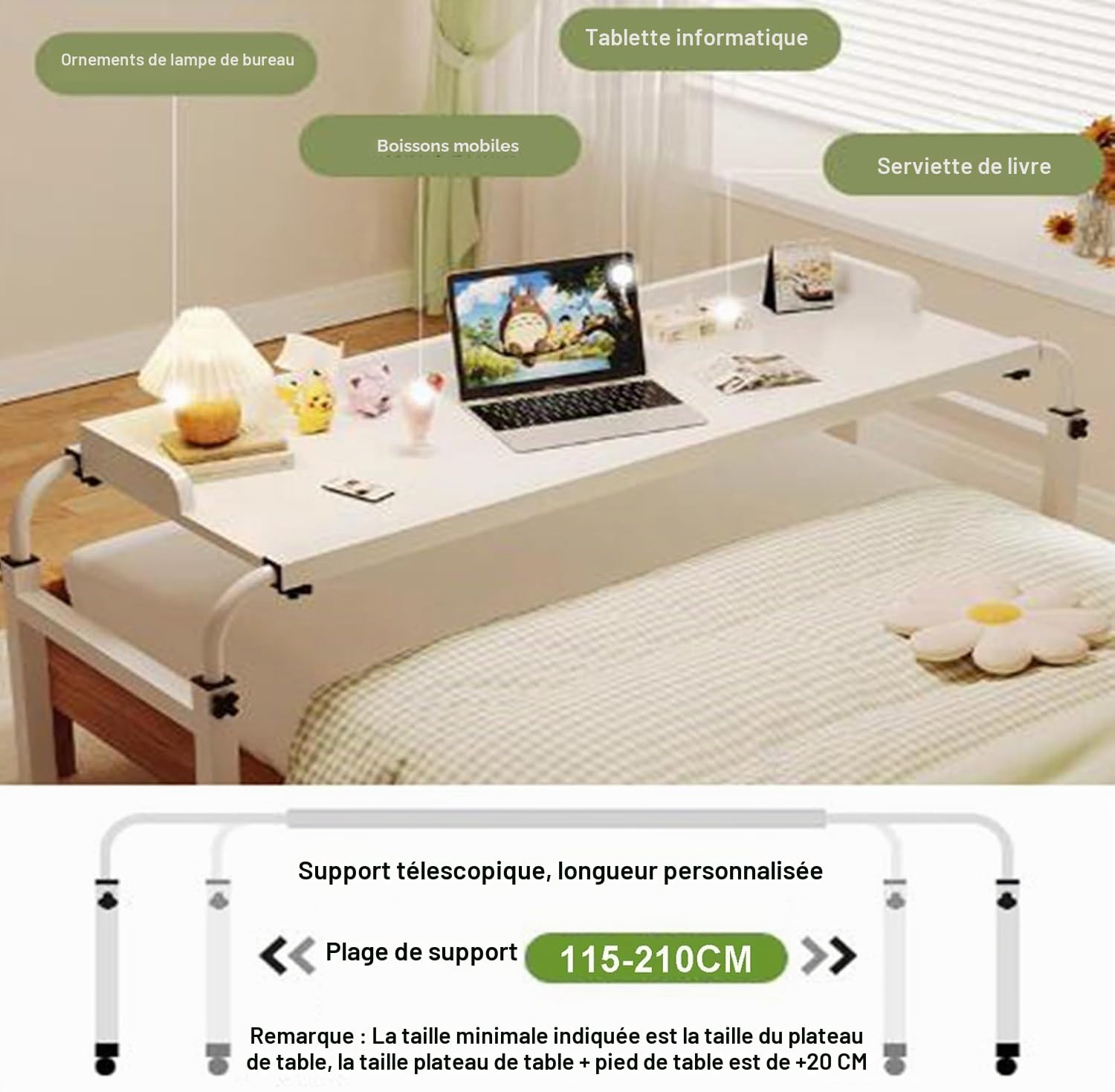 Bureau à roulettes sur Le lit avec roulettes，Table de lit réglable en Hauteur avec pivotantes (Color:Bois)