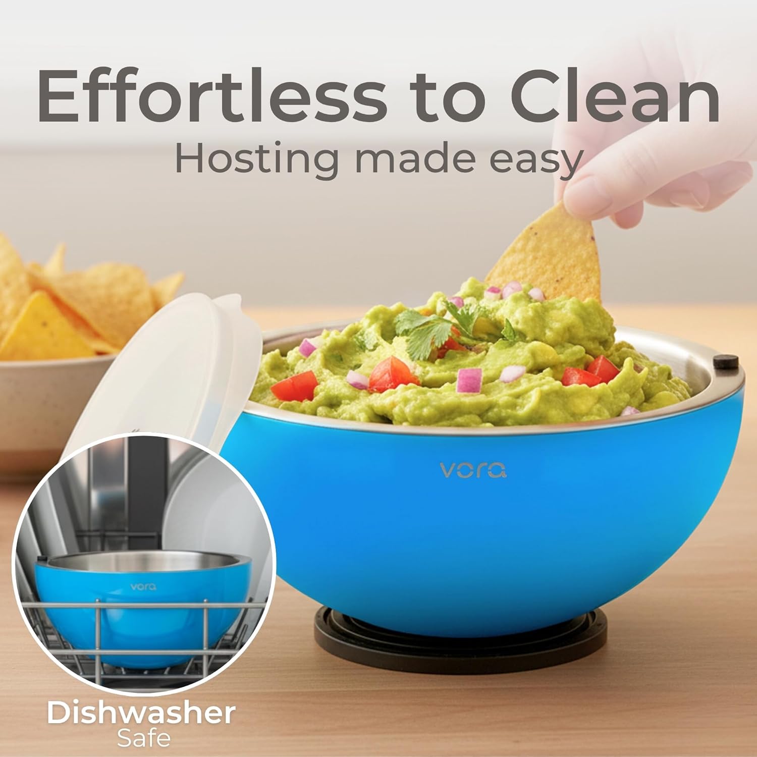 Vora 35oz Dip Chiller Bowl with Lid | 1 Pack Blue Stainless Steel Chilled Serving Bowl Keep Dips, Salads, and Appetizers Perfectly Cold with Leak-Resistant Ice Bowl for Effortless Hosting