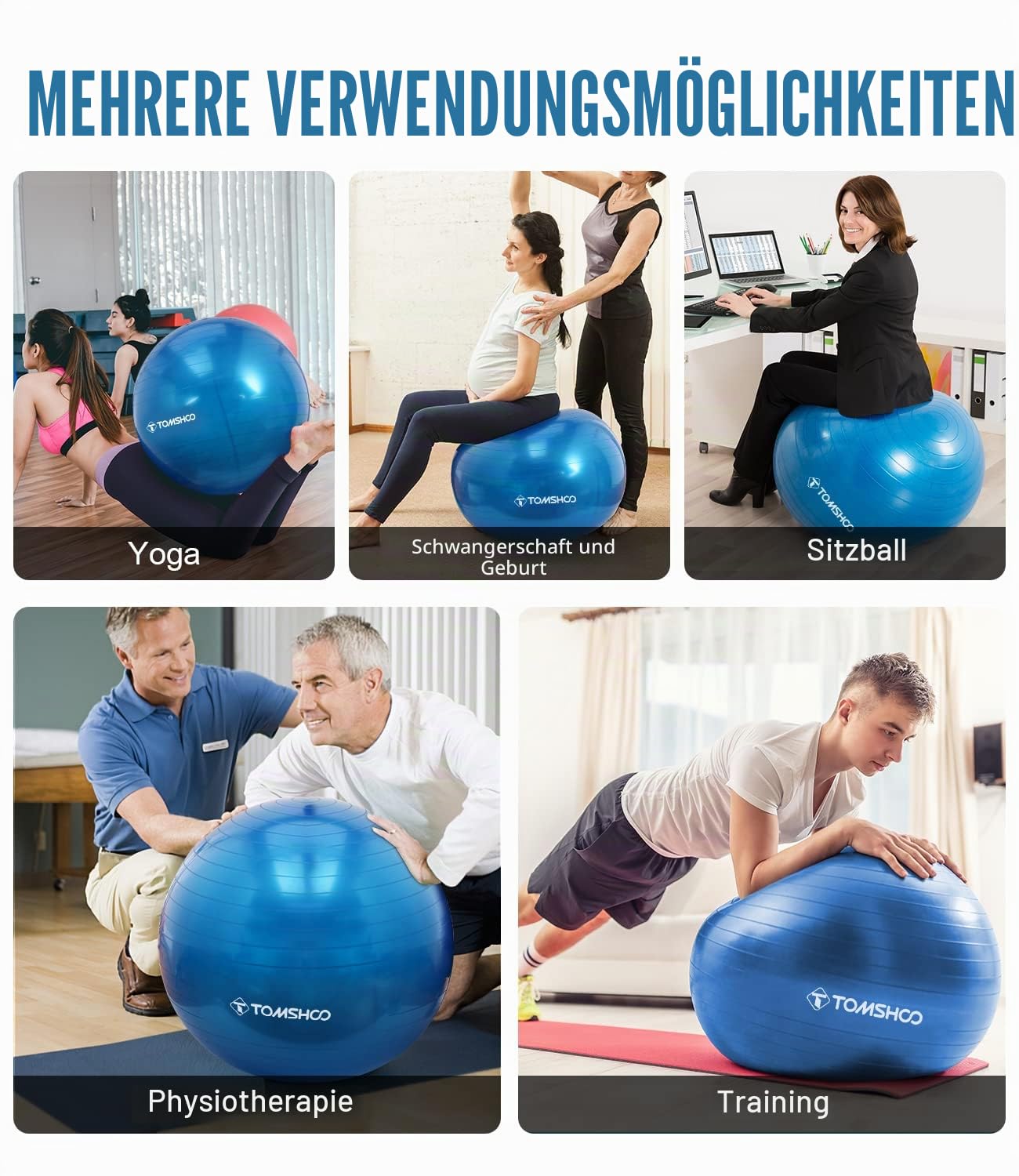 TOMSHOO Anti-Burst Yoga Ball verdickt Stabilität Balance Ball Pilates Barre körperliche Fitness Gymnastikball 45CM / 55CM / 65CM / 75CM Geschenk Luftpumpe