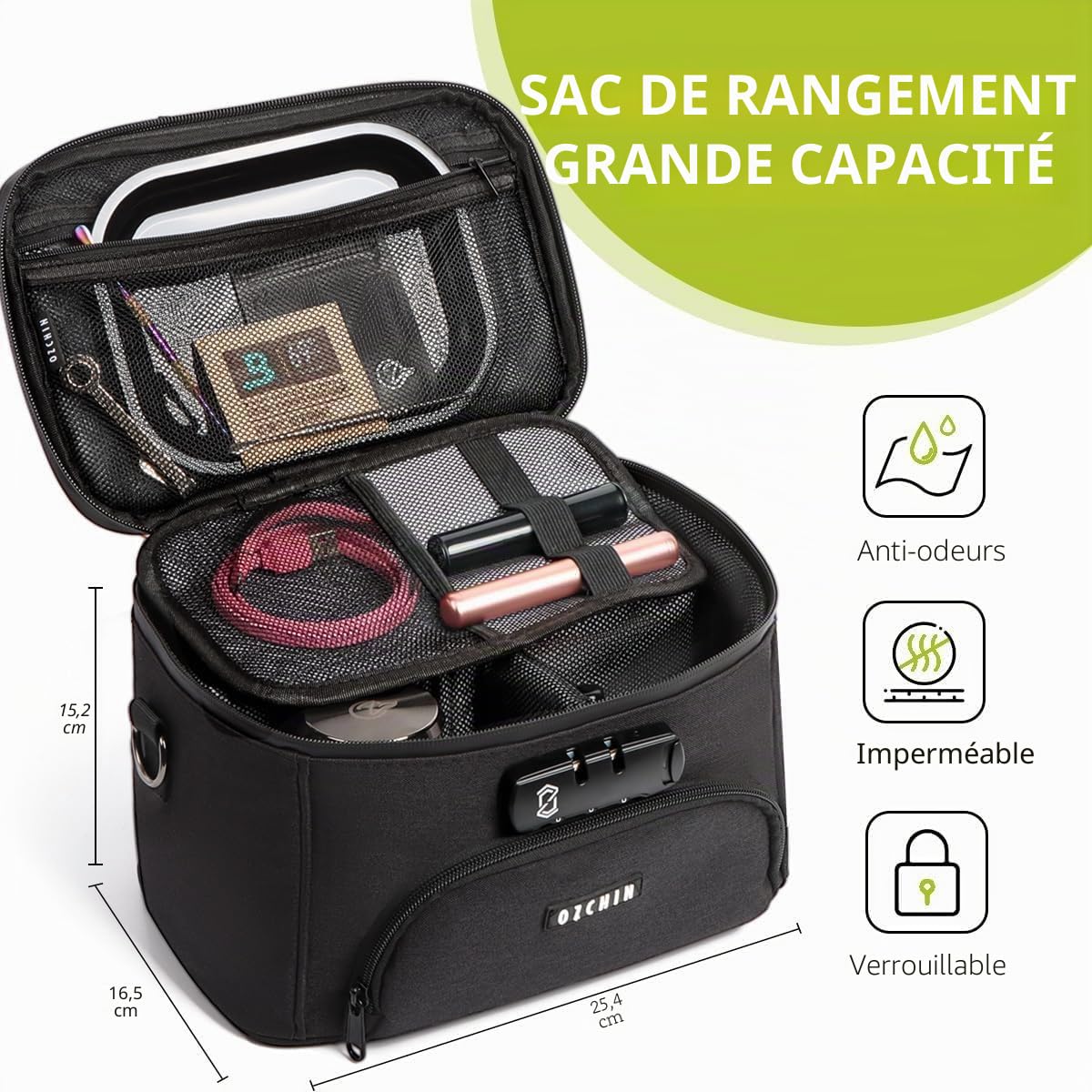 OZCHIN Sac anti-odeurs avec serrure à combinaison, boîte anti-odeurs, accessoires de fumage en fibre de carbone activé, récipient anti-odeurs, excellent cadeau pour la fête des pères, sac anti-odeurs