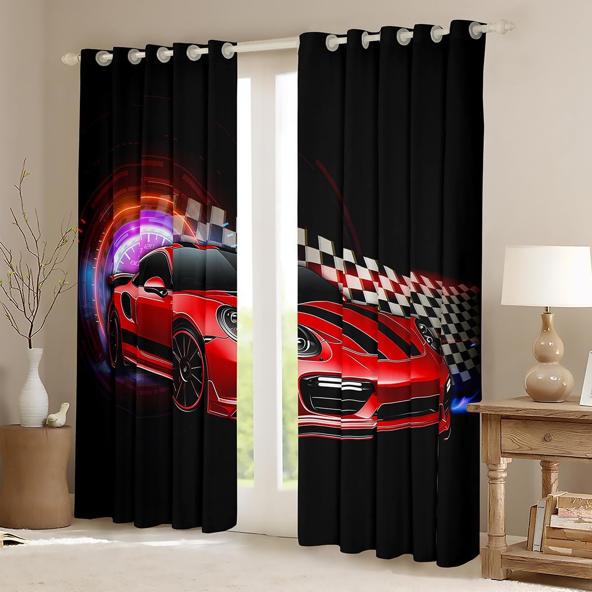 Racing Car Curtains for Living Room,Extreme Sport Window Drapes Bedroom Blackout 30%-50%,Cool Red Race Car Window Treatment Grommet Top 2 Panels Decor,38Wx45L