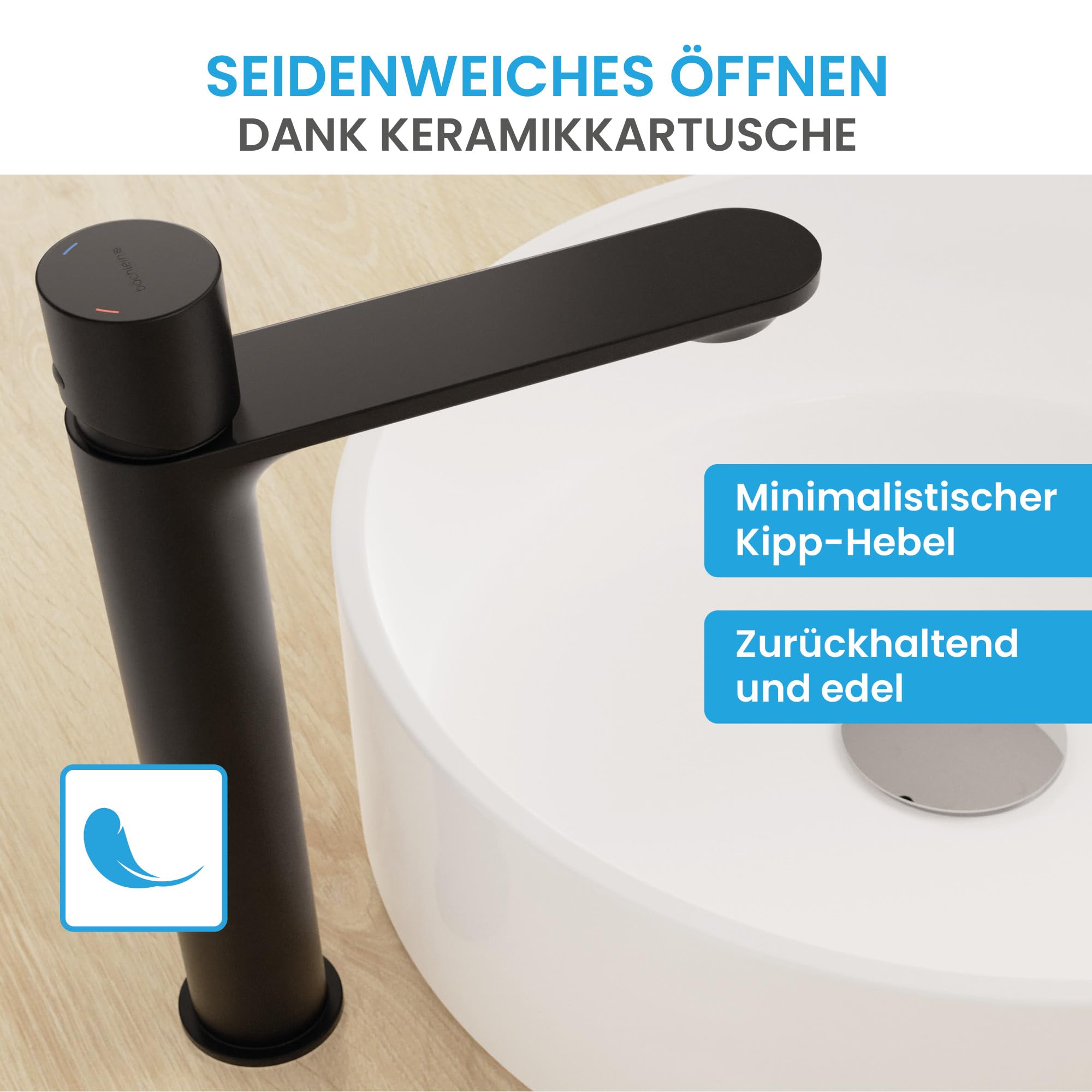Bächlein Badarmatur Isaya hoch in modernem Design, extra hoher Einhebelmischer mit langlebiger Keramikkartusche und Montage-Set, Bad Wasserhahn Schwarz Matt