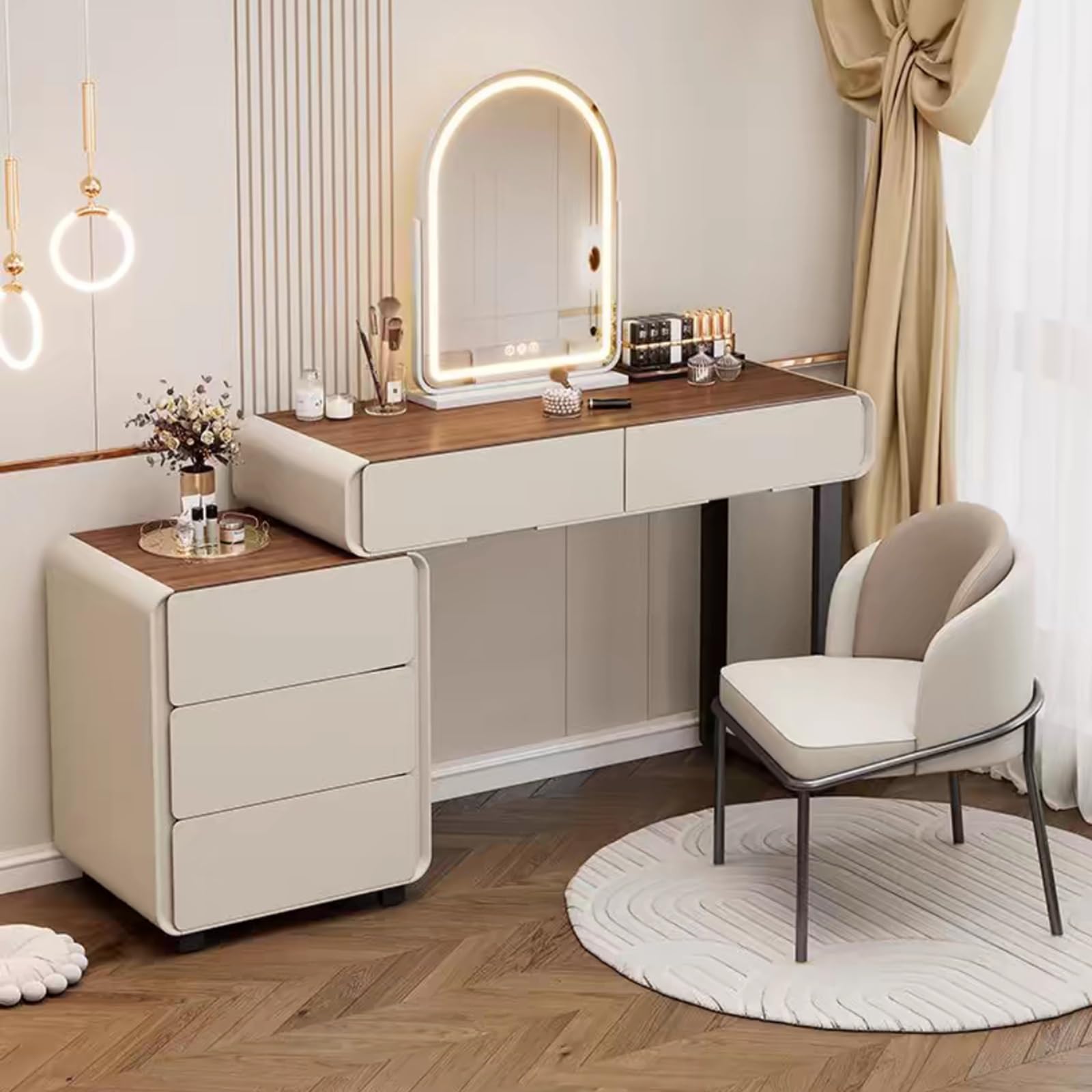 asdchZen Elegant Walnut Dressing Table With Color-Changing Mirror Touch Dimming Stylish Vanity Desk For Women & Girls Includes Nightstand-Perfect For Bedrooms