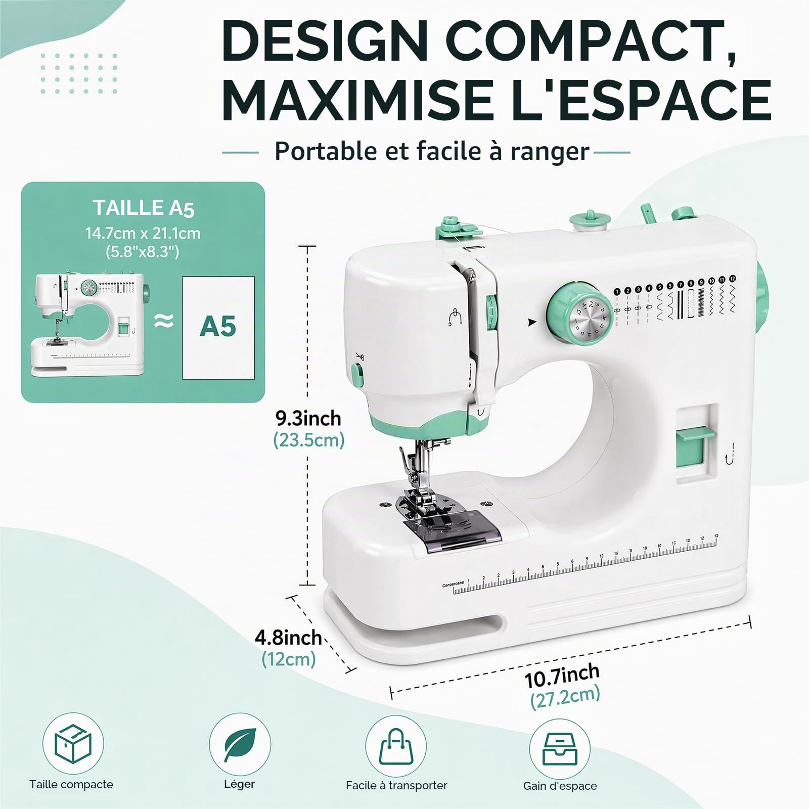 Machine à Coudre Portable, Mini Machine à Coudre pour Débutants avec12 Programmes, avec Kit Accessoires, avec Lumière LED, Idéale pour Vêtements, Rideaux et Jeans