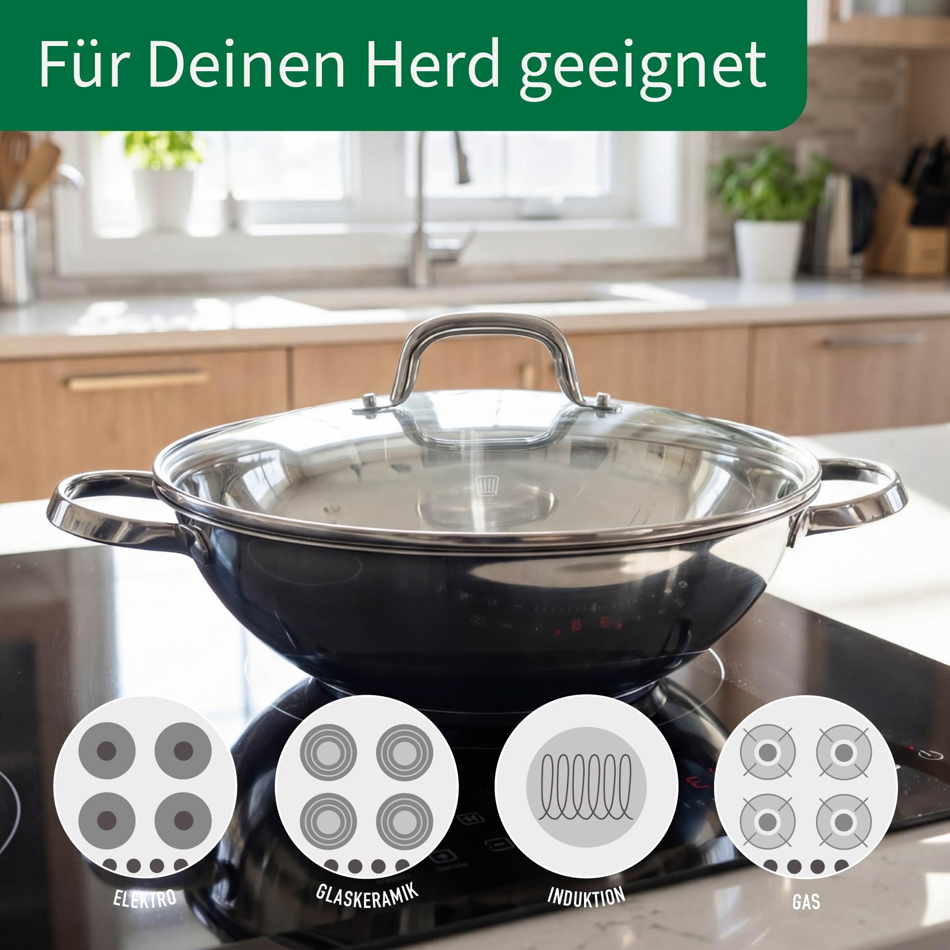FACKELMANN Chefkoch trifft Wokpfanne Rosenheim – Ø30 cm, Glasdeckel inkl. Dampföffnung und Aluminiumkern, Aus Edelstahl mit hitzebeständigem Gussgriff, für alle Herdarten, Spülmaschinengeeignet
