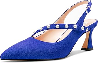 Womens Stiletto Mid Heel Pointed Toe Slip-on Pumps Pearls Buckle Slingback Shoes Wedding Prom 2.6 Inches Heels