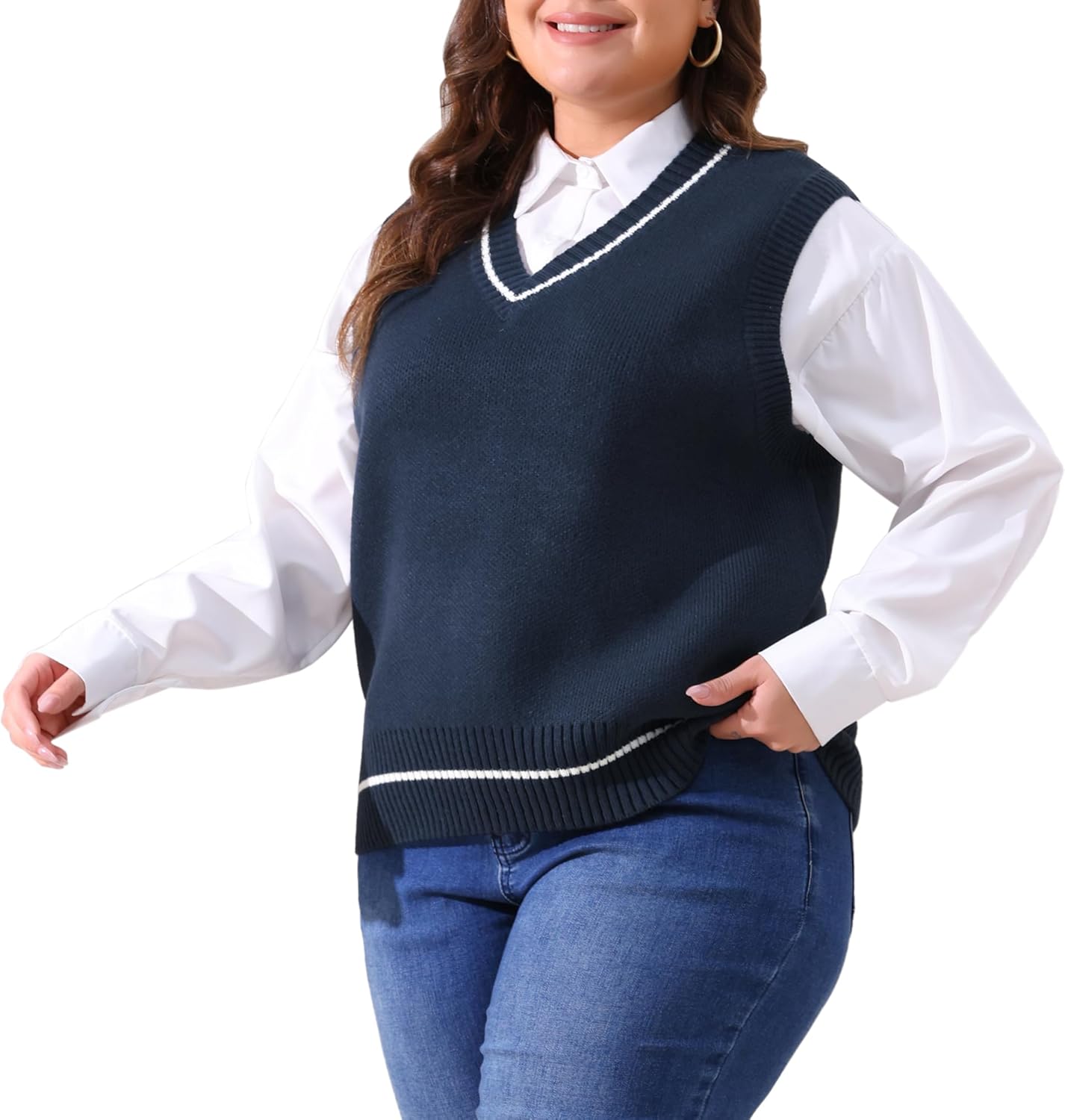 Agnes Orinda Plus Size Sweater Vest for Women V Neck Stripe Cable Knit Sleeveless Pullover Sweater Vest - Image 2