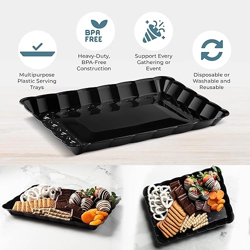 Miniatura 3 de Bandejas de plástico para servir de 9 x 13 pulgadas, paquete de 4 bandejas de fiesta negras duraderas - Bandeja desechable para servir alimentos -