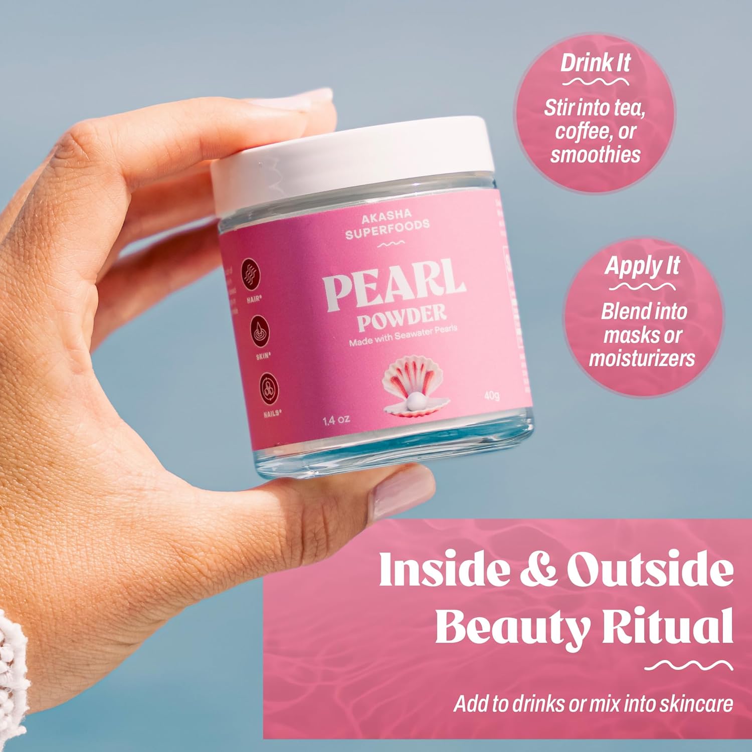 Akasha Superfoods Pearl Powder, Supports Collagen Production, Blend Into Drinks, Smoothies, or Skincare, Source of Calcium, Amino Acids, & Minerals, Gentle on Sensitive Skin, Gluten Free, 1.4 Oz
