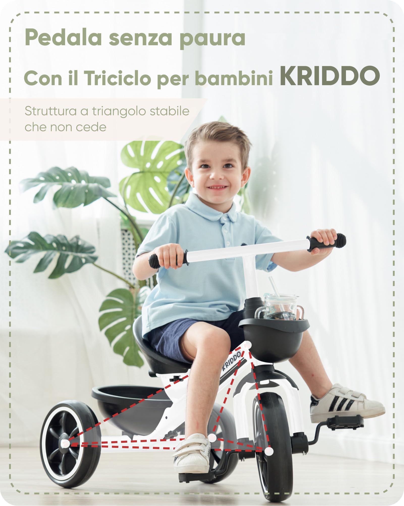 KRIDDO Triciclo per Bambini dai 24 mesi ai 5 anni, Tricicli per bambini da 2,5 a 5 anni, Triciclo Evolutivo da 2 a 4 anni, con Cestello Portaoggetti, Ideale da regalare, Bianco