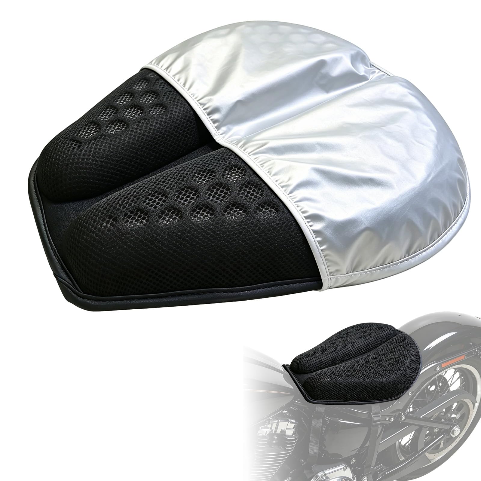 Motorrad Gel Sitzkissen Universal 3D Wabenstruktur Gelkissen Motorrad Struktur Mit Sonnenschirm Abdeckung Atmungsaktive Stoßdämpfung Sitzpolster für Wasserdicht & Sonnenschutzmittel