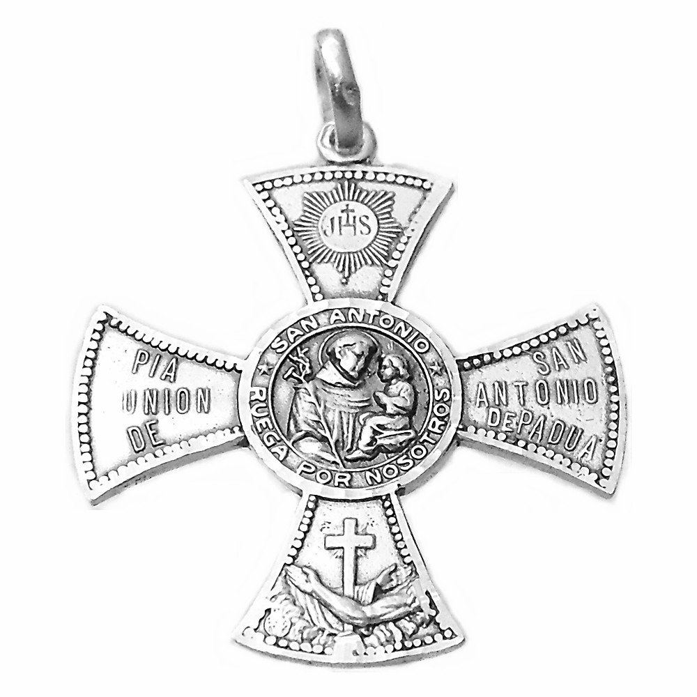 Medalla Plata Ley 925M San Antonio De Padua 33mm. Cruz Aspa Ruega Por Nosotros Unisex Cerco