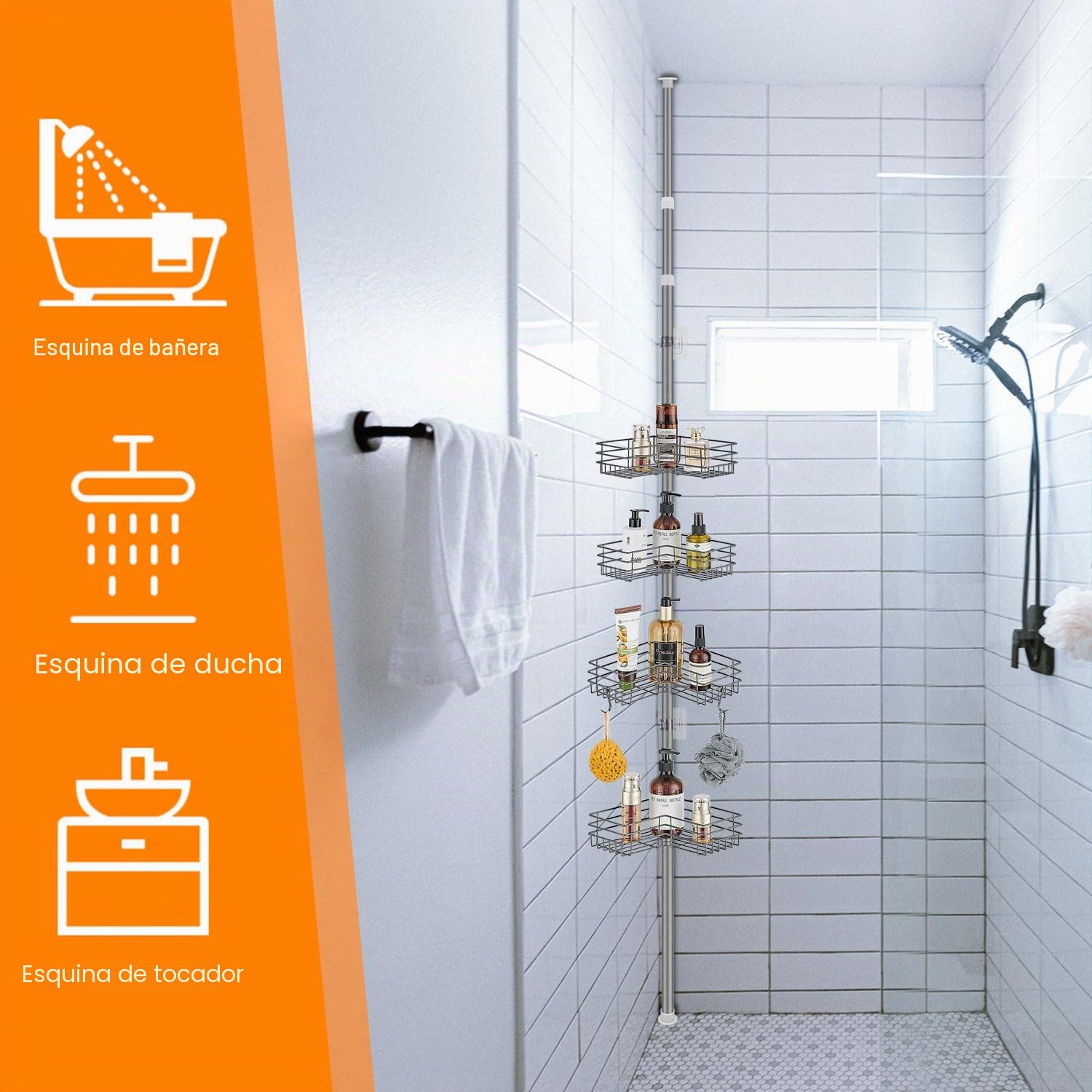 Telescópica Estanteria Ducha, Estante Ducha Esquina Ajustable sin Taladrar, Estantería Baño Metálica con 4 Cestas, Telescopica Estanteria de Ducha para Baño, 78-319cm, Gris