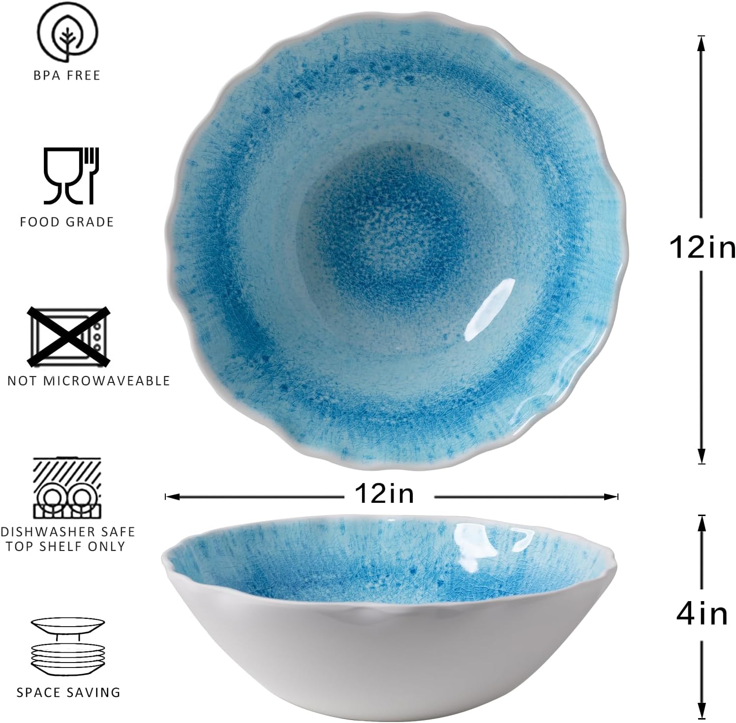 Melamine Serving Bowls, 12'' x 4'' Large Salad/Pasta/Mixing/Fruit Bowls, Set of 2 Break-resistant BPA Free Classic Melamine Bowls, Dishwasher Safe, Blue