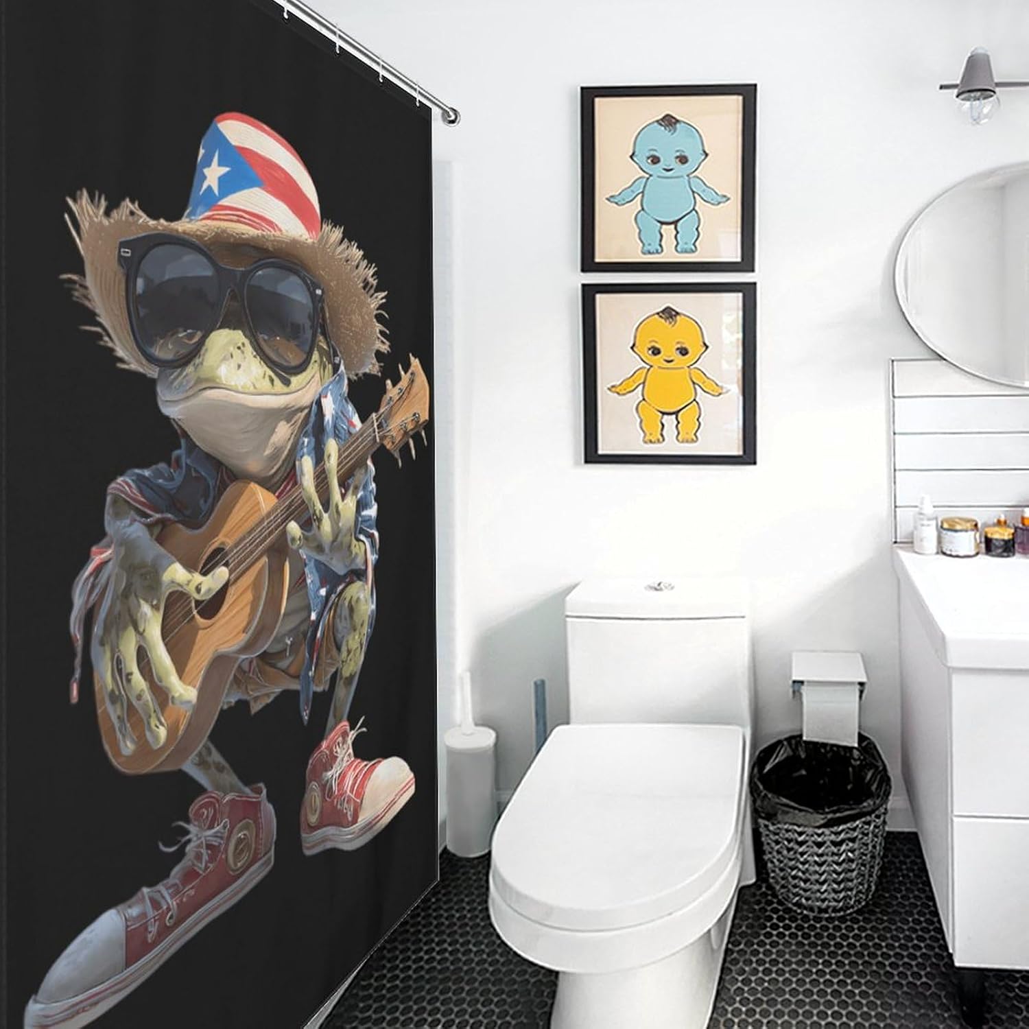 Puerto Flag Frog Guitar Shower Curtain 46.85x70.87Inch（119x180cm） Polyester Bath Curtain Shower Curtains Printed Decorative