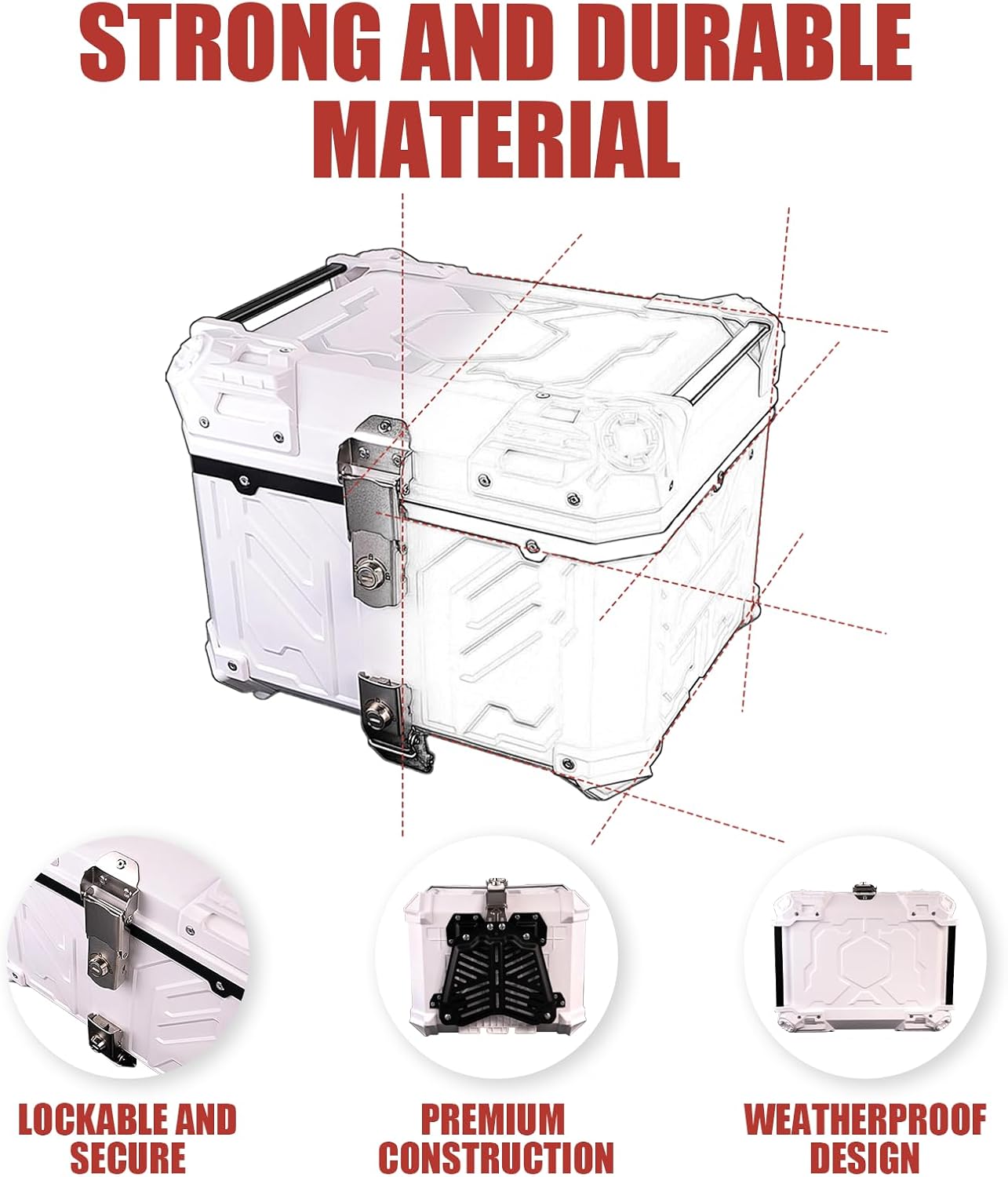 Heavy-Duty Motorcycle Top Case 45L, Durable, Weatherproof Plastic Storage Box (White, Lockable)