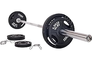 Signature Fitness Cast Iron Olympic Weight Plates with 7FT Olympic Barbell: Total Fitness Solution