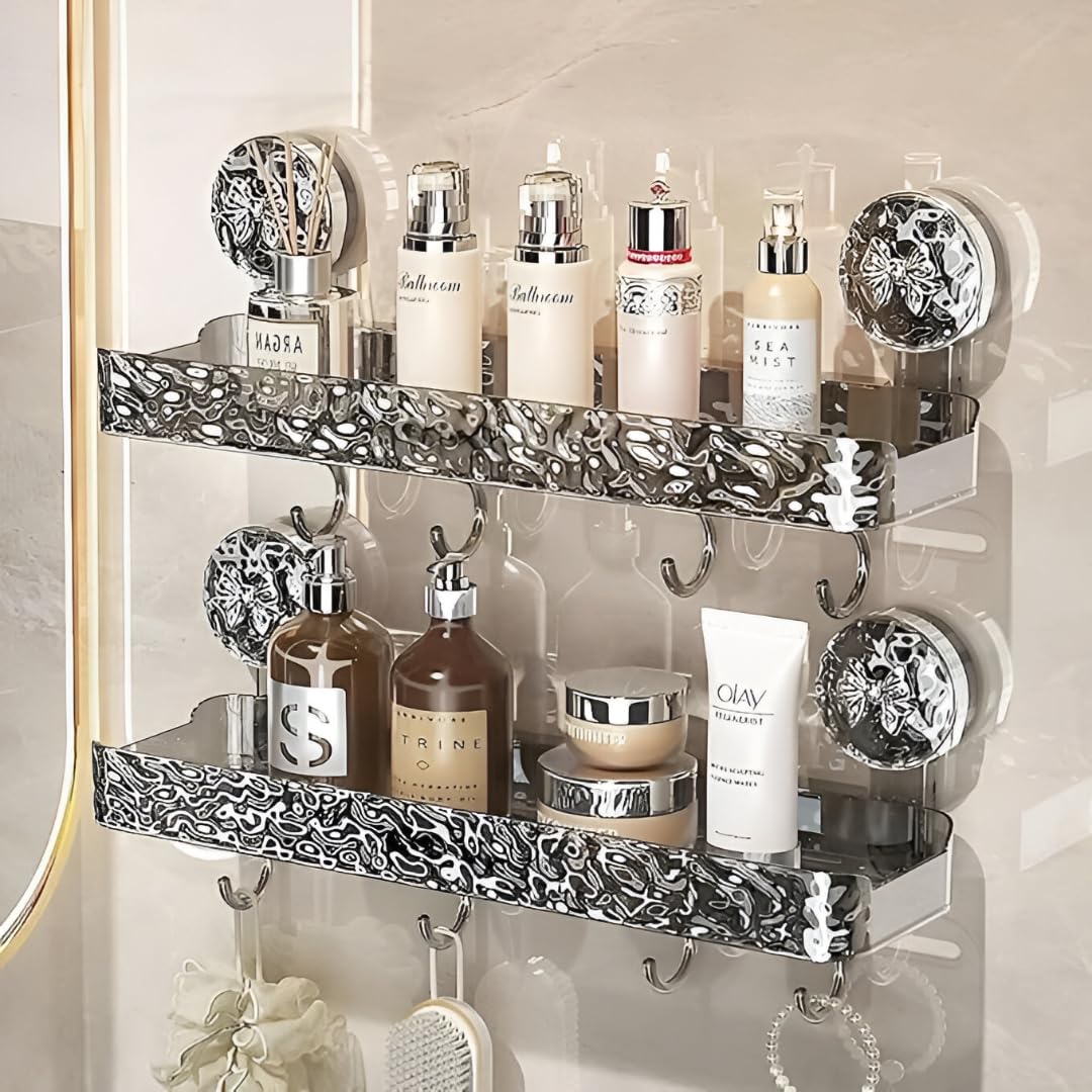 Double Bathroom Shelf with Suction Cup Mount and Hooks – Wall Mounted Transparent Storage Rack with Decorative Panel (2)-image-46