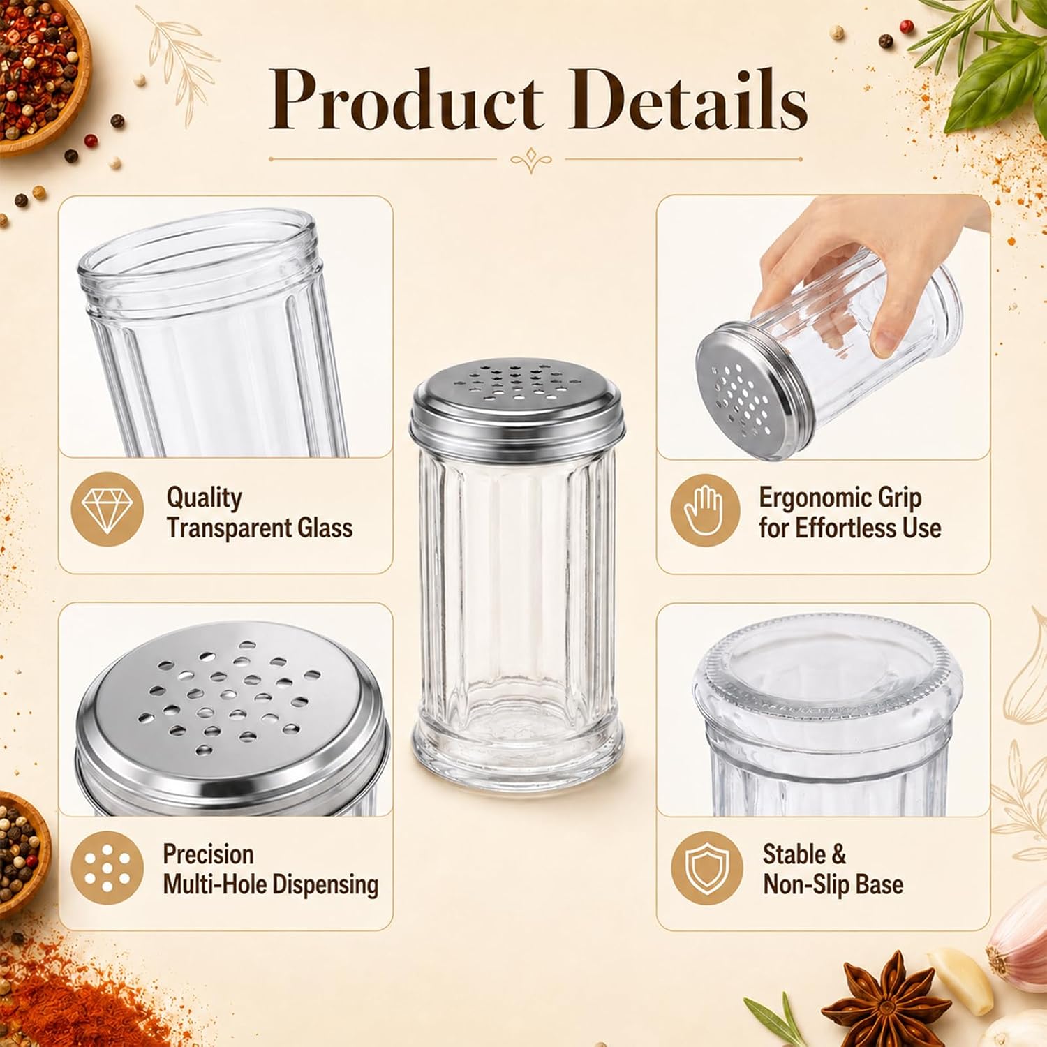 12 Pack 11.2 oz Salt and Pepper Shakers, 5.3 in Glass Seasoning Shaker with Multi-hole Metal Lid, Clear Sugar Shaker and Spice Dispenser for Kitchen Cooking, Dining Table, Herbs, Grated Cheese image 4