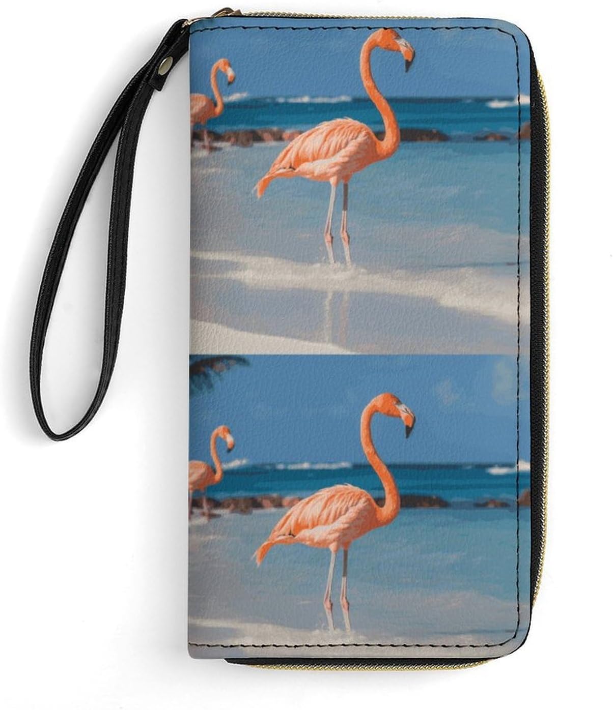 Beach Flamingo Wristlet Clutch Wallet with 4 Card Slots