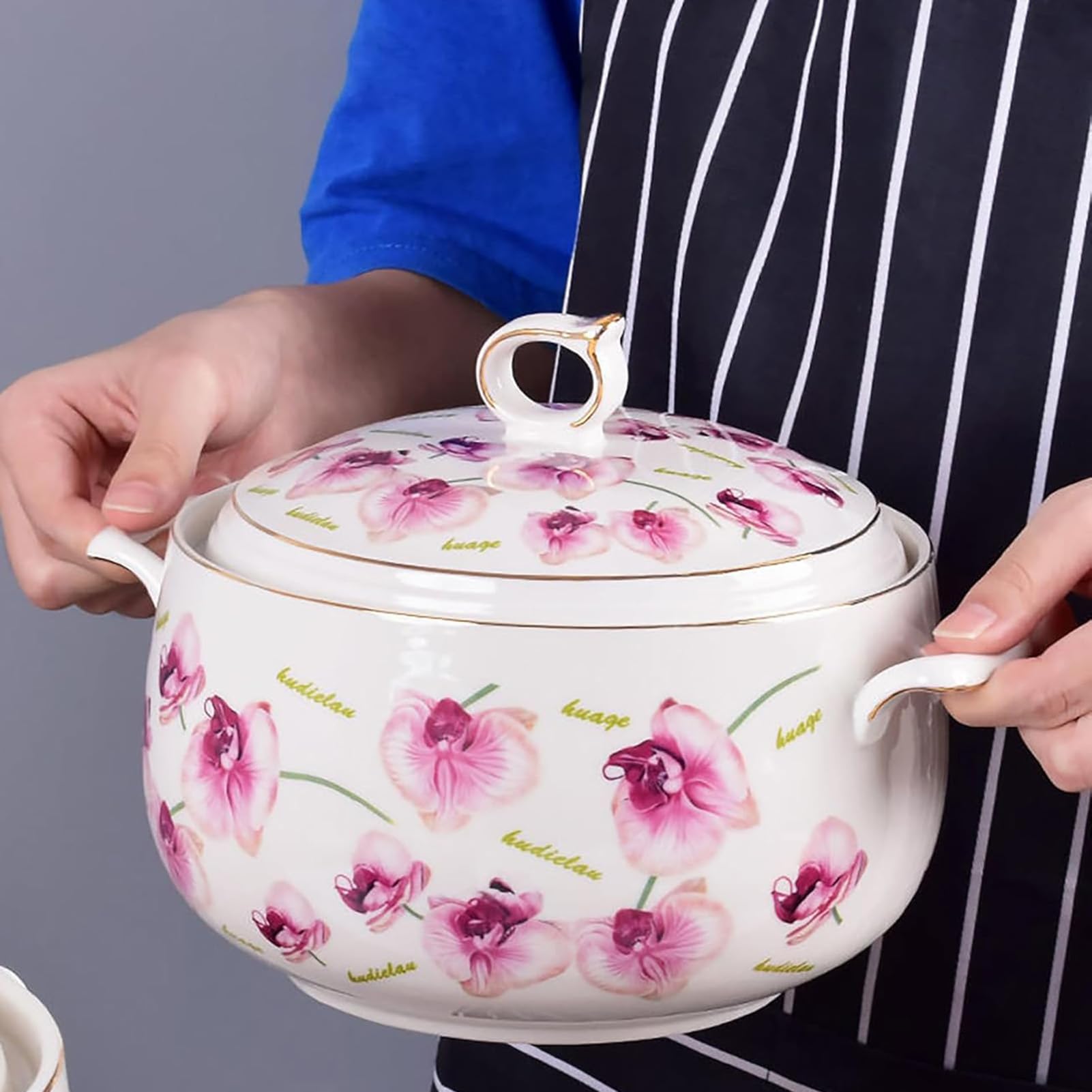 Ceramiczna miska do zupy z pokrywką, okrągła porcelanowa miska do domu i restauracji, nadaje się do mycia w zmywarce i piekarnika, idealna do serwowania i dekoracji, pojemność 2 l