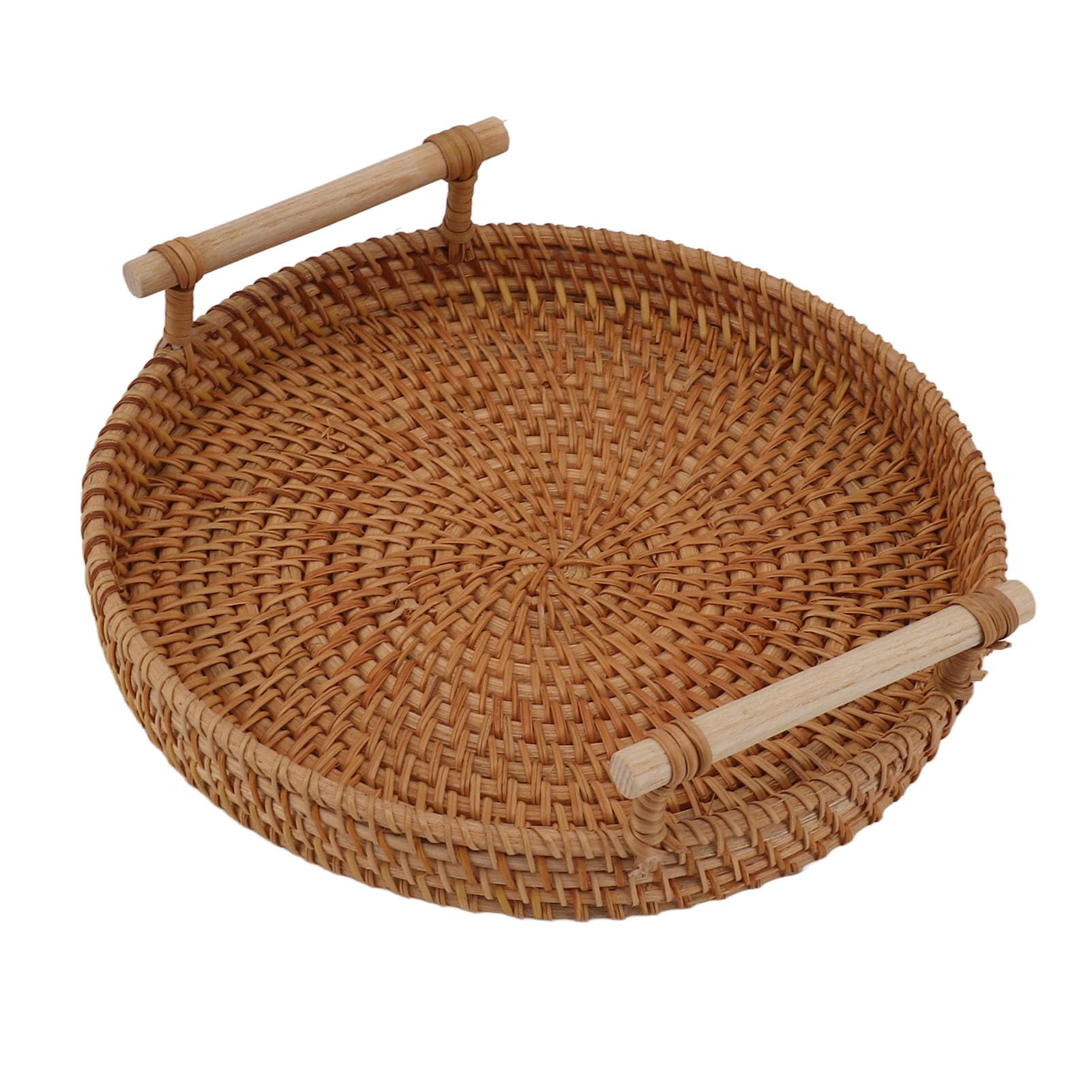 WEKONUMEX Food Serving Tray, Woven Round Rattan Serving Tray With Handles 3 Sizes For Snacks Fruits Bread Tea