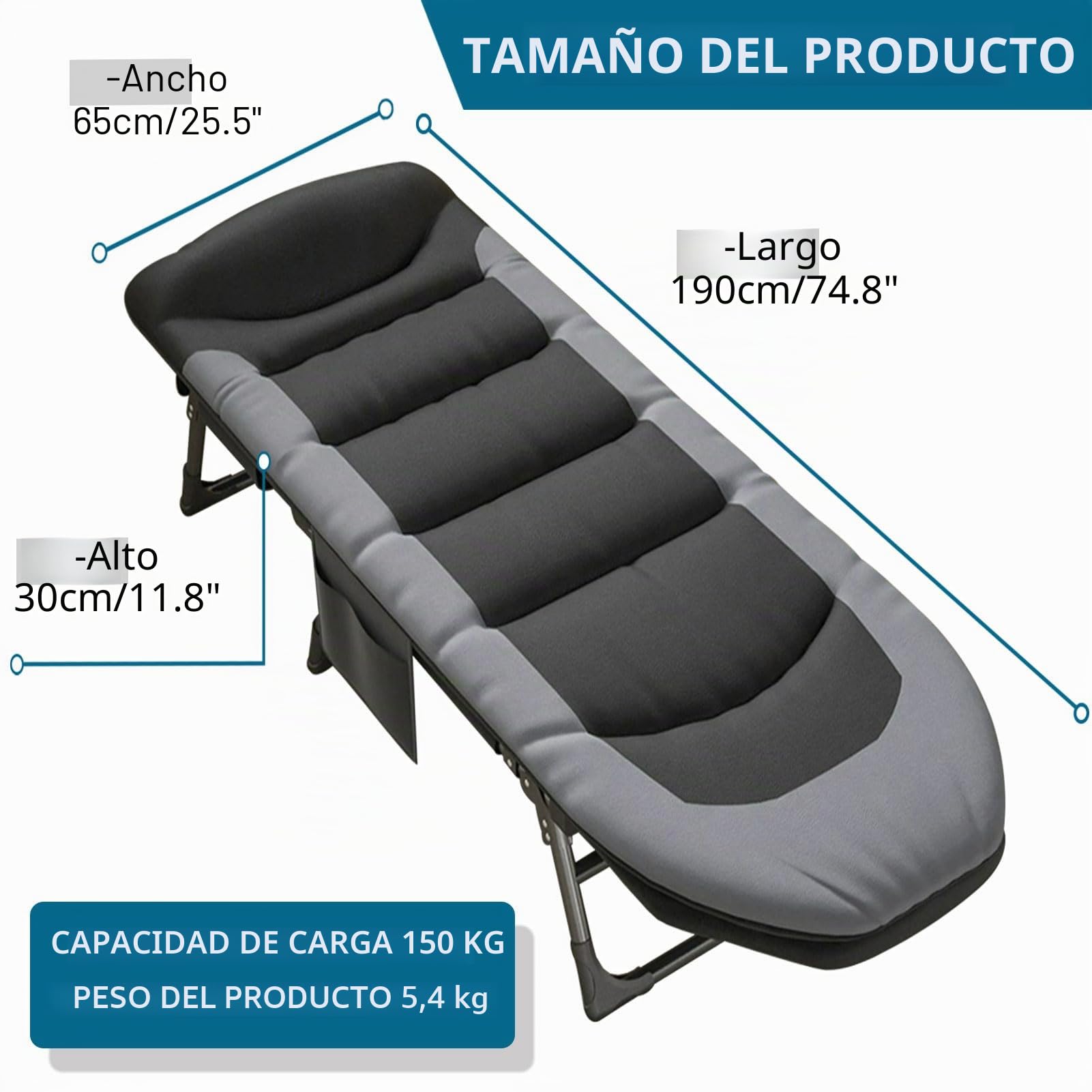 Cama de camping plegable XXL, tumbona de camping, extra ancha, 190 x 65 x 30 cm, cama de camping plegable ligera, tumbona de jardín de 6 posiciones, respaldo ajustable, tumbona para carpas para