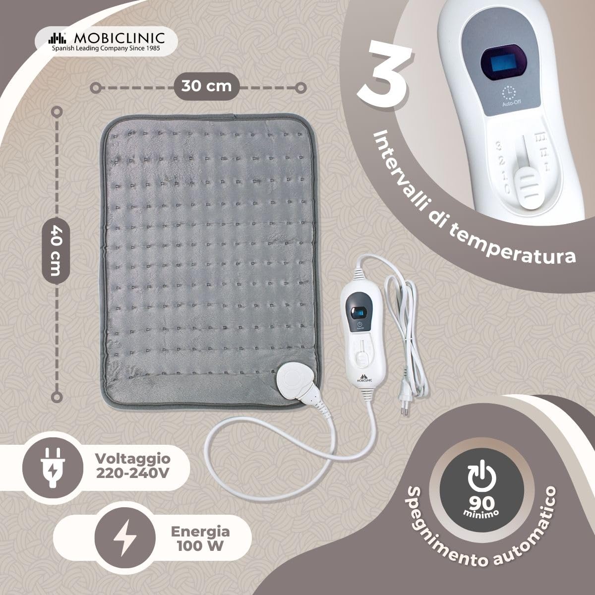 Mobiclinic, Cuscino riscaldato, Coperta riscaldata, 3 livelli di calore, Basso consumo energetico, Spegnimento automatico, Potenza 100w, Tappetino, Marchio spagnolo, Zona lombare, 40x30 cm