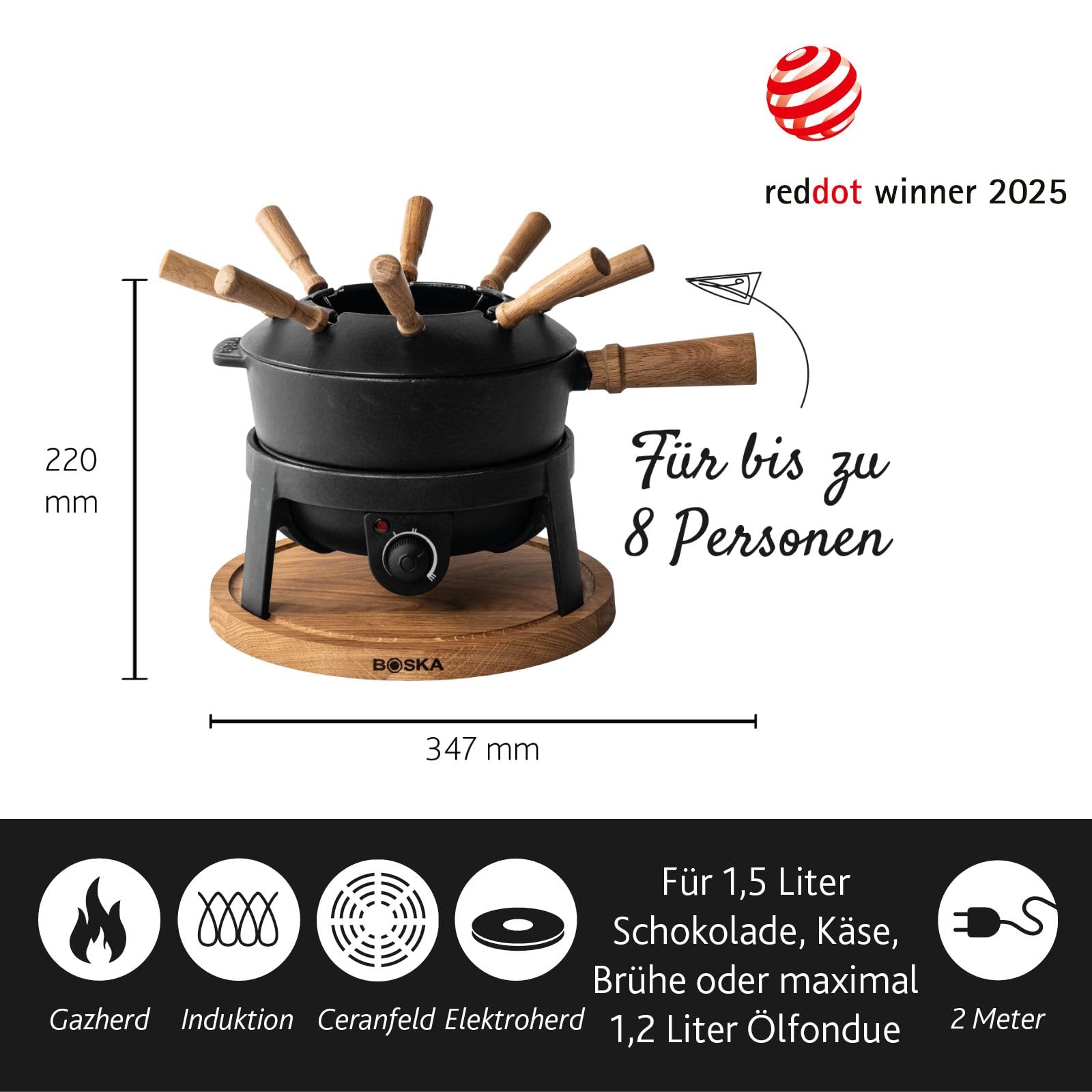 Boska Fondueset Elektrisch Pro 2,2L - Premium Fondue - Käsefondue - Schokofondue - Hotpot - Für 8 personen - Topf set -Extralanges Kabel - Gusseisen - Elektrisch - Fondue gerät
